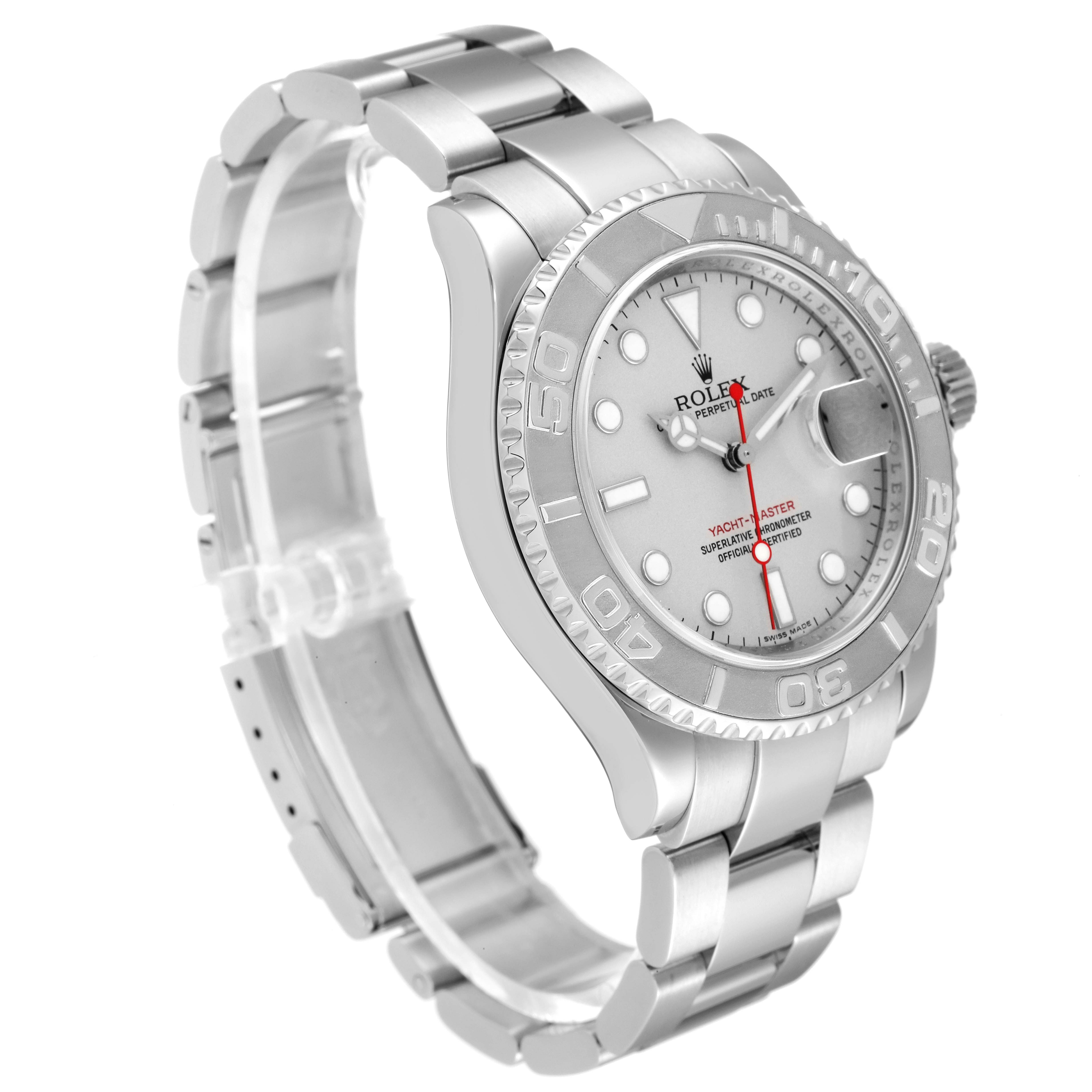 The image shows a Rolex Yacht-Master 16622 Men's Stainless Steel Silver Dial 16622 Men's Stainless Steel Silver Dial watch from an angled side view, displaying the dial, bezel, case, and bracelet.