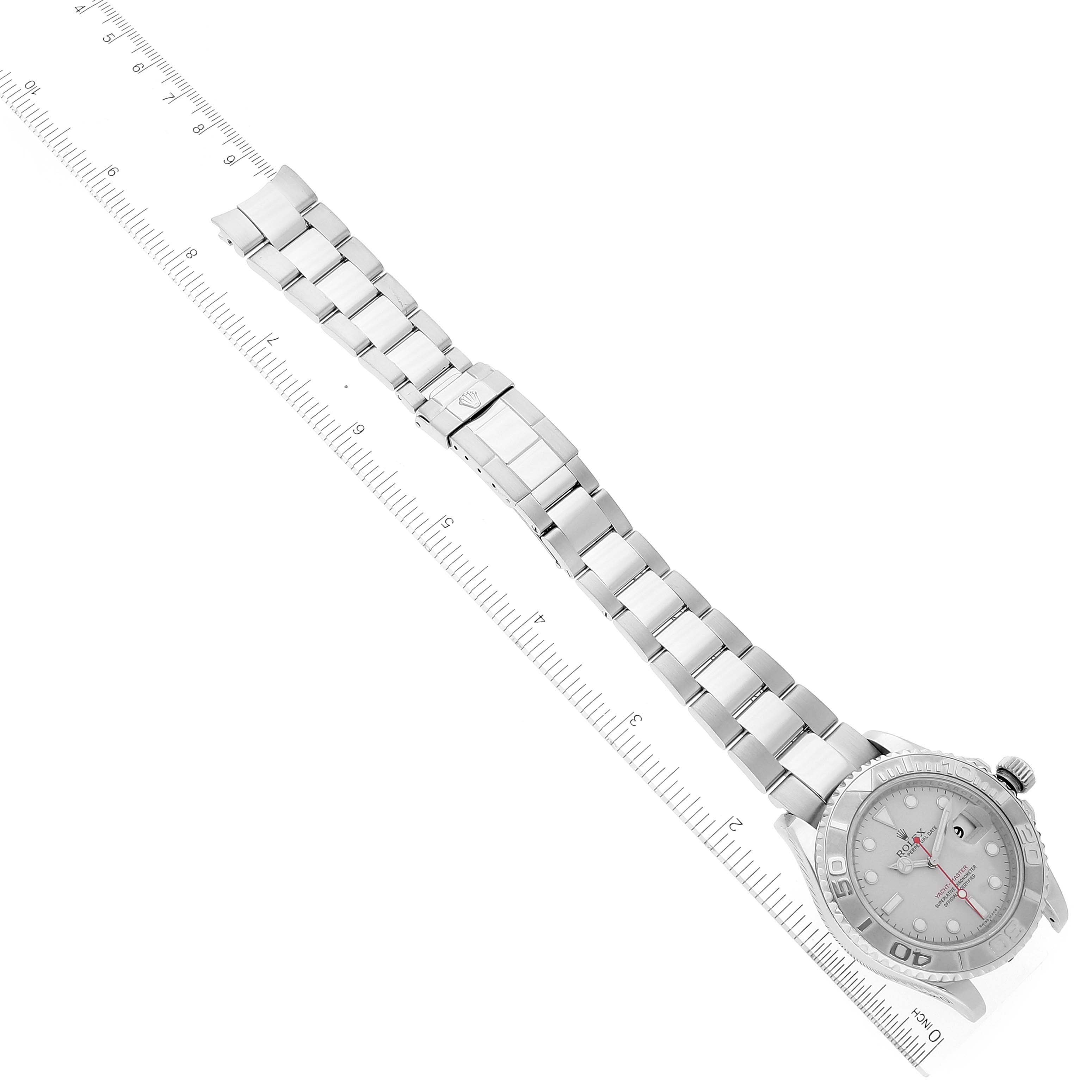 This image shows a top-down view of a Rolex Yacht-Master 16622 Men's Stainless Steel Silver Dial 16622 Men's Stainless Steel Silver Dial watch, displaying the bracelet, clasp, and watch face.