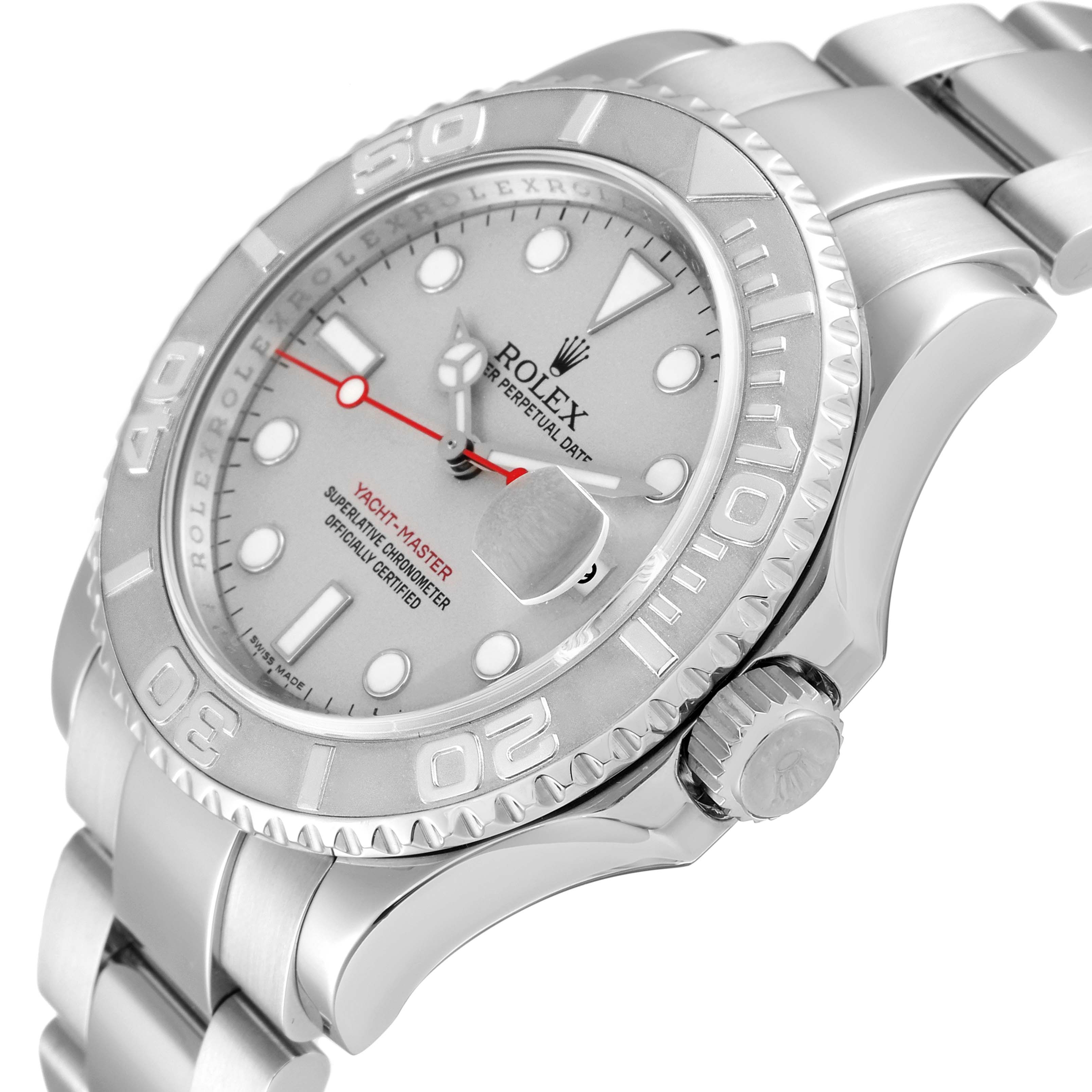 This image shows a Rolex Yacht-Master 16622 Men's Stainless Steel Silver Dial 16622 Men's Stainless Steel Silver Dial watch from an angled side view highlighting the bezel, dial, and bracelet.