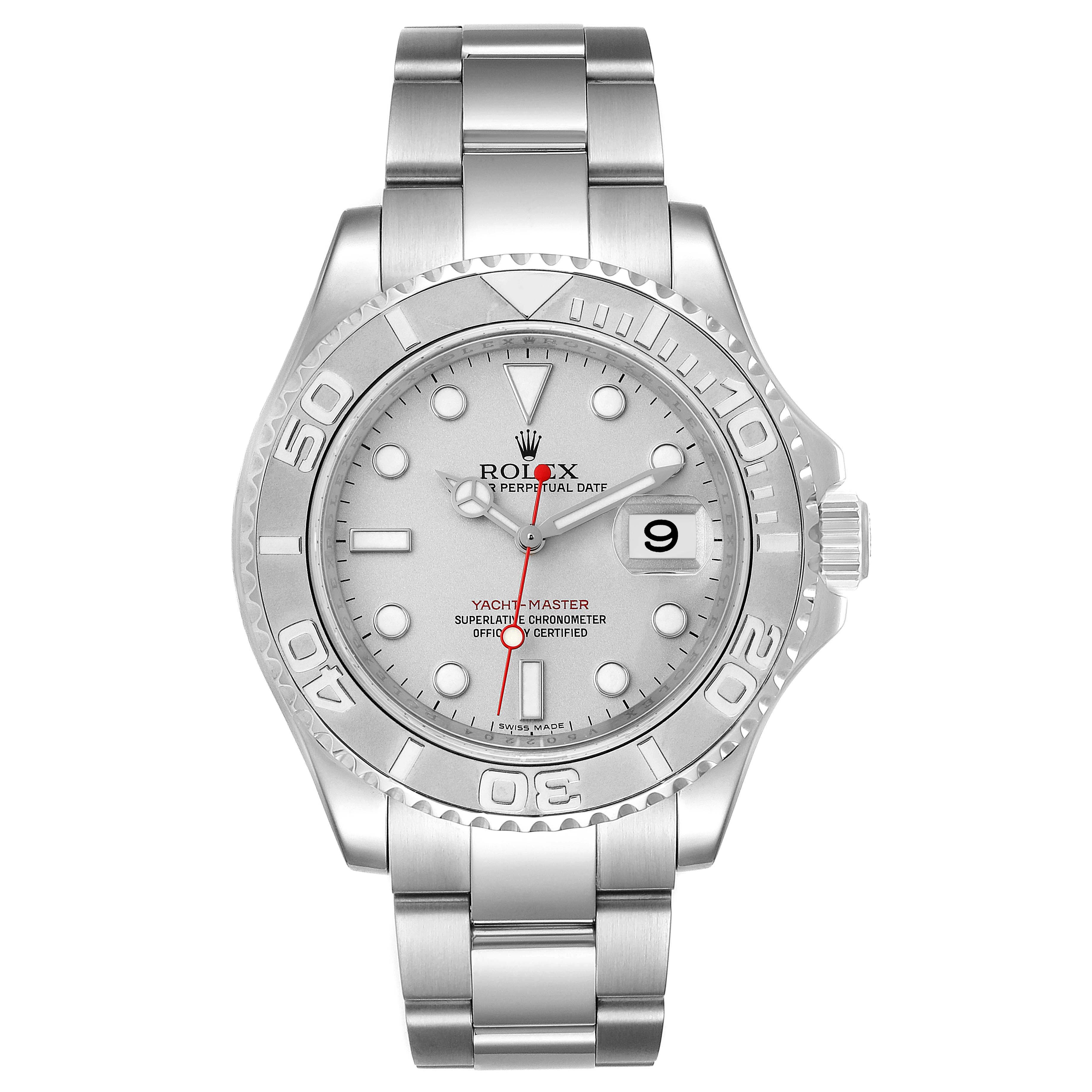 The image shows a frontal view of the Rolex Yacht-Master 16622 Men's Stainless Steel Silver Dial 16622 Men's Stainless Steel Silver Dial watch, displaying its face, bezel, dial, and bracelet.