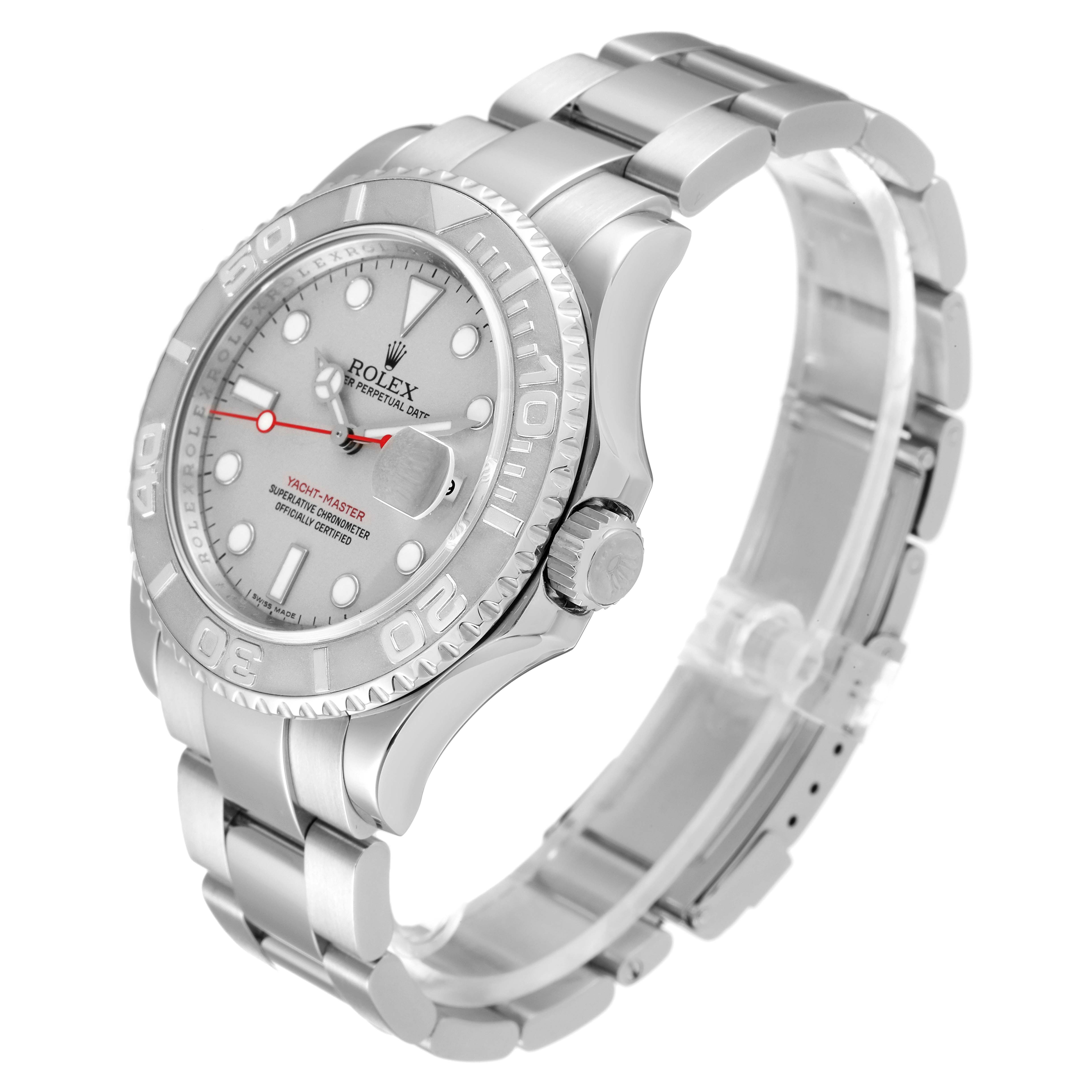 The image shows a side angle of a Rolex Yacht-Master 16622 Men's Stainless Steel Silver Dial 16622 Men's Stainless Steel Silver Dial watch, highlighting the face, bezel, crown, and bracelet.