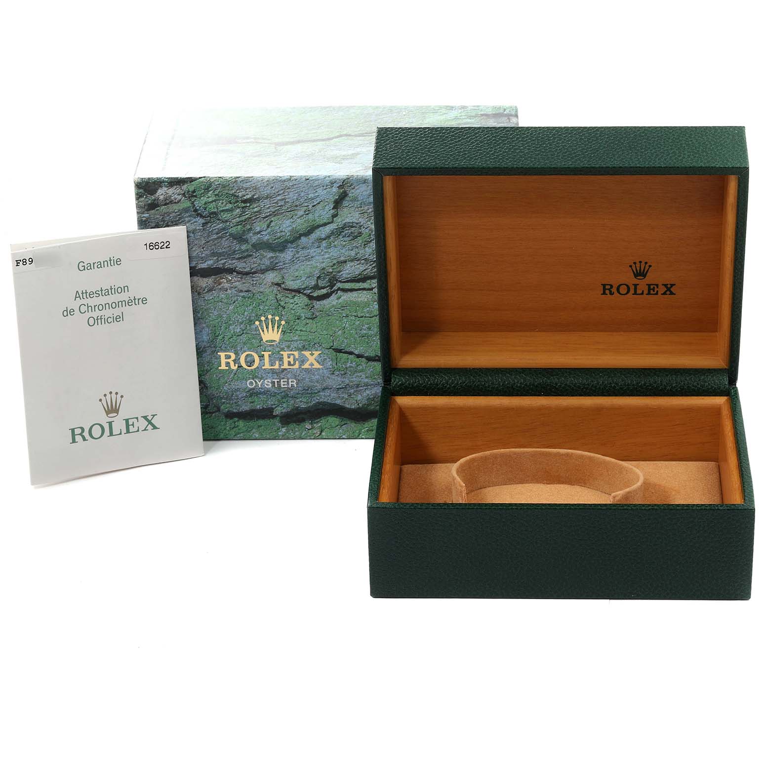 The image shows an open Rolex Yacht-Master 16622 Men's Stainless Steel Silver Dial 16622 Men's Stainless Steel Silver Dial watch box, outer box, and guarantee booklet.