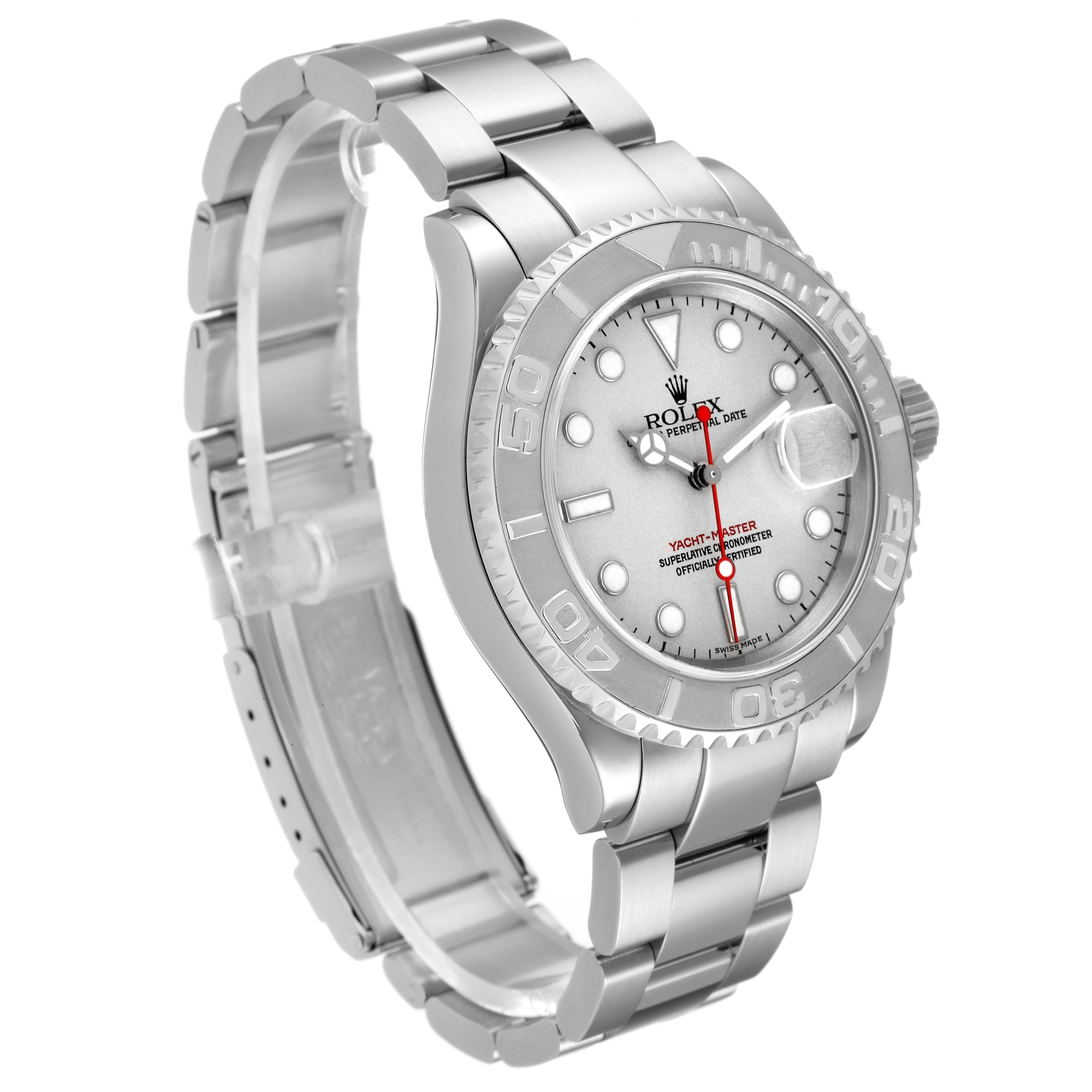 This image shows a Rolex Yacht-Master 16622 Men's Stainless Steel Silver Dial 16622 Men's Stainless Steel Silver Dial watch from a three-quarter angle, highlighting the dial, bezel, crown, and bracelet in silver tones.