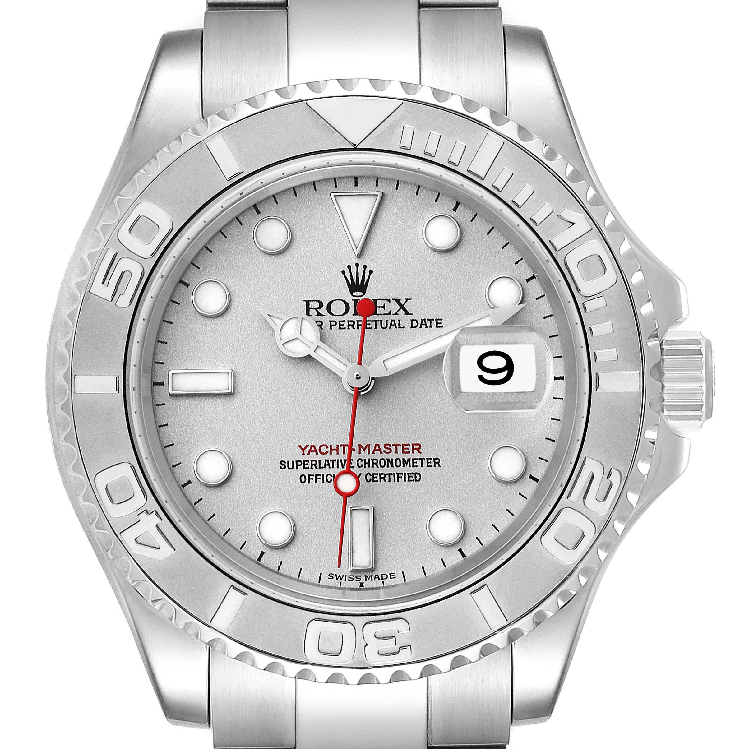 The image shows a front view of the Rolex Yacht-Master 16622 Men's Stainless Steel Silver Dial 16622 Men's Stainless Steel Silver Dial, highlighting the dial, bezel, case, and bracelet.