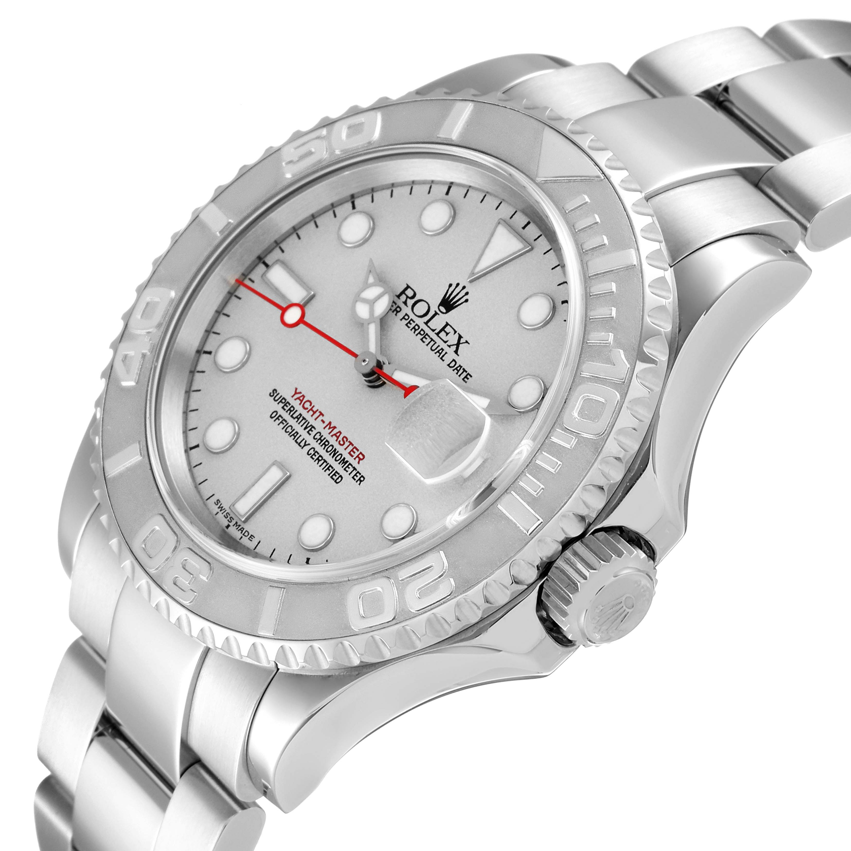 The image shows a Rolex Yacht-Master 16622 Men's Stainless Steel Silver Dial 16622 Men's Stainless Steel Silver Dial watch from an angled view, highlighting the dial, bezel, crown, and bracelet.
