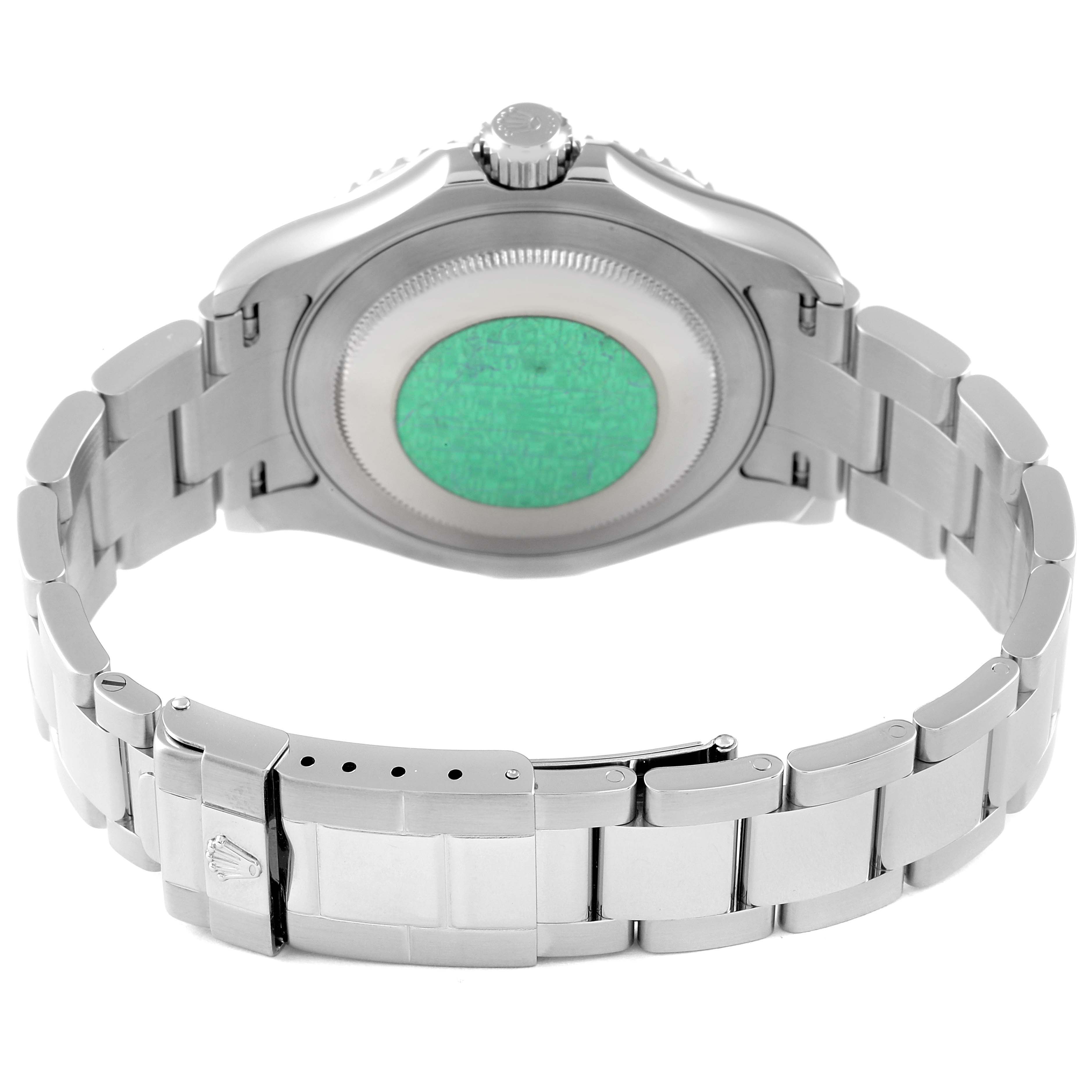 The image shows the back view of the Rolex Yacht-Master 16622 Men's Stainless Steel Silver Dial 16622 Men's Stainless Steel Silver Dial watch, highlighting its bracelet and clasp.