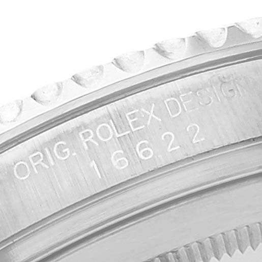 The image shows a close-up of the case back edges of a Rolex Yacht-Master 16622 Men's Stainless Steel Silver Dial 16622 Men's Stainless Steel Silver Dial, with the model number 16622 engraved.