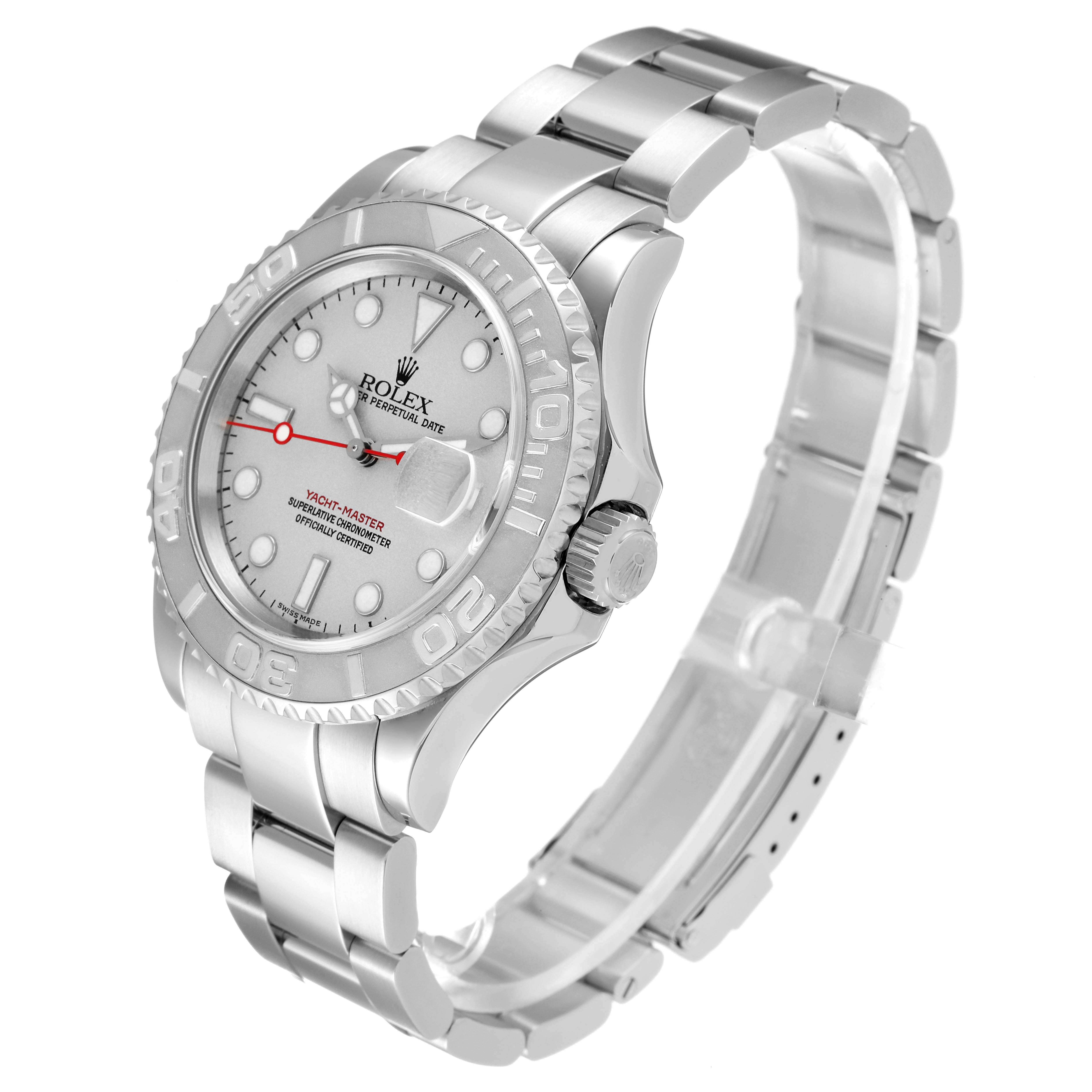 The image shows a side angle view of the Rolex Yacht-Master 16622 Men's Stainless Steel Silver Dial 16622 Men's Stainless Steel Silver Dial watch, highlighting its dial, bezel, crown, and bracelet.