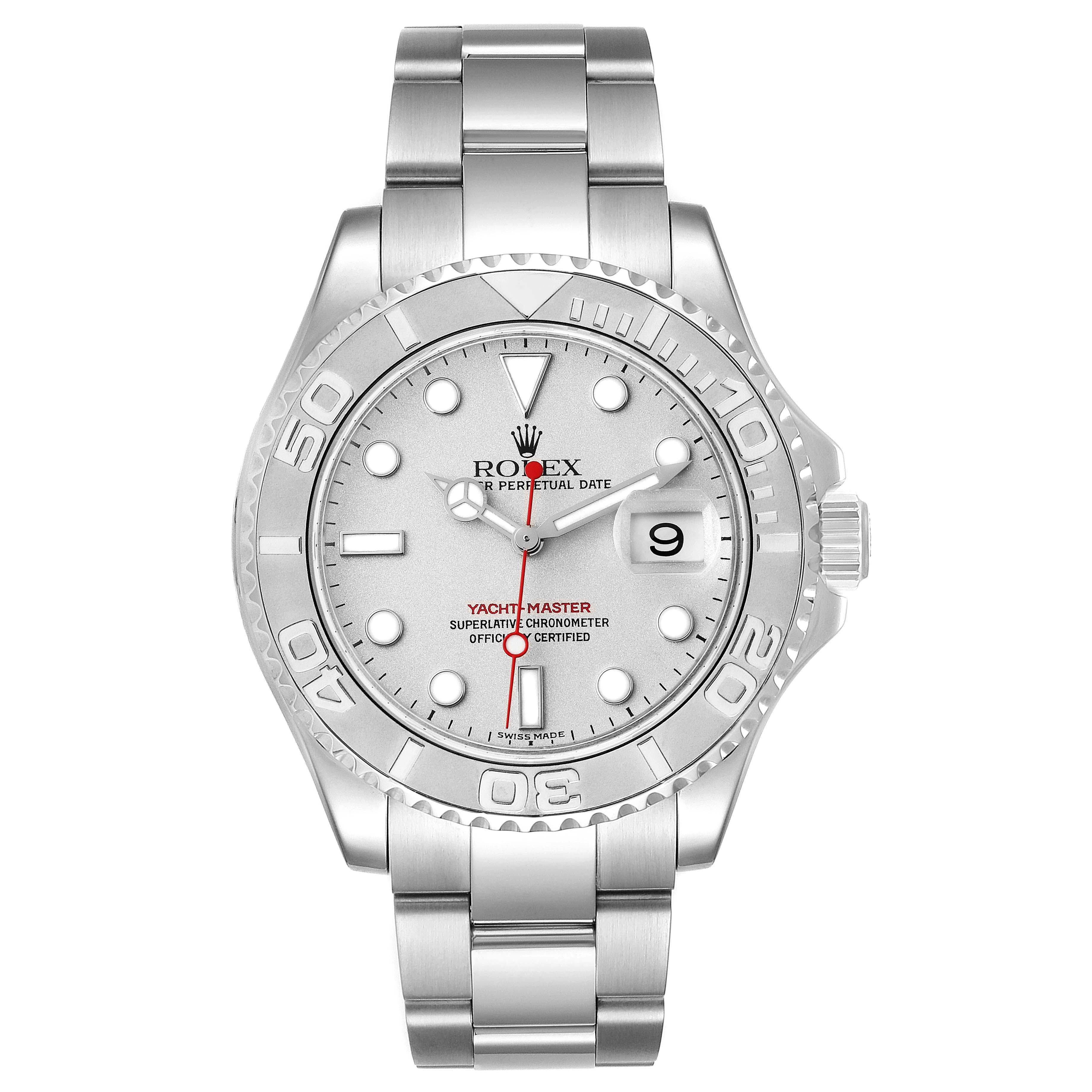 The Rolex Yacht-Master 16622 Men's Stainless Steel Silver Dial 16622 Men's Stainless Steel Silver Dial watch is shown from a front angle, displaying the face, bezel, bracelet, and crown.