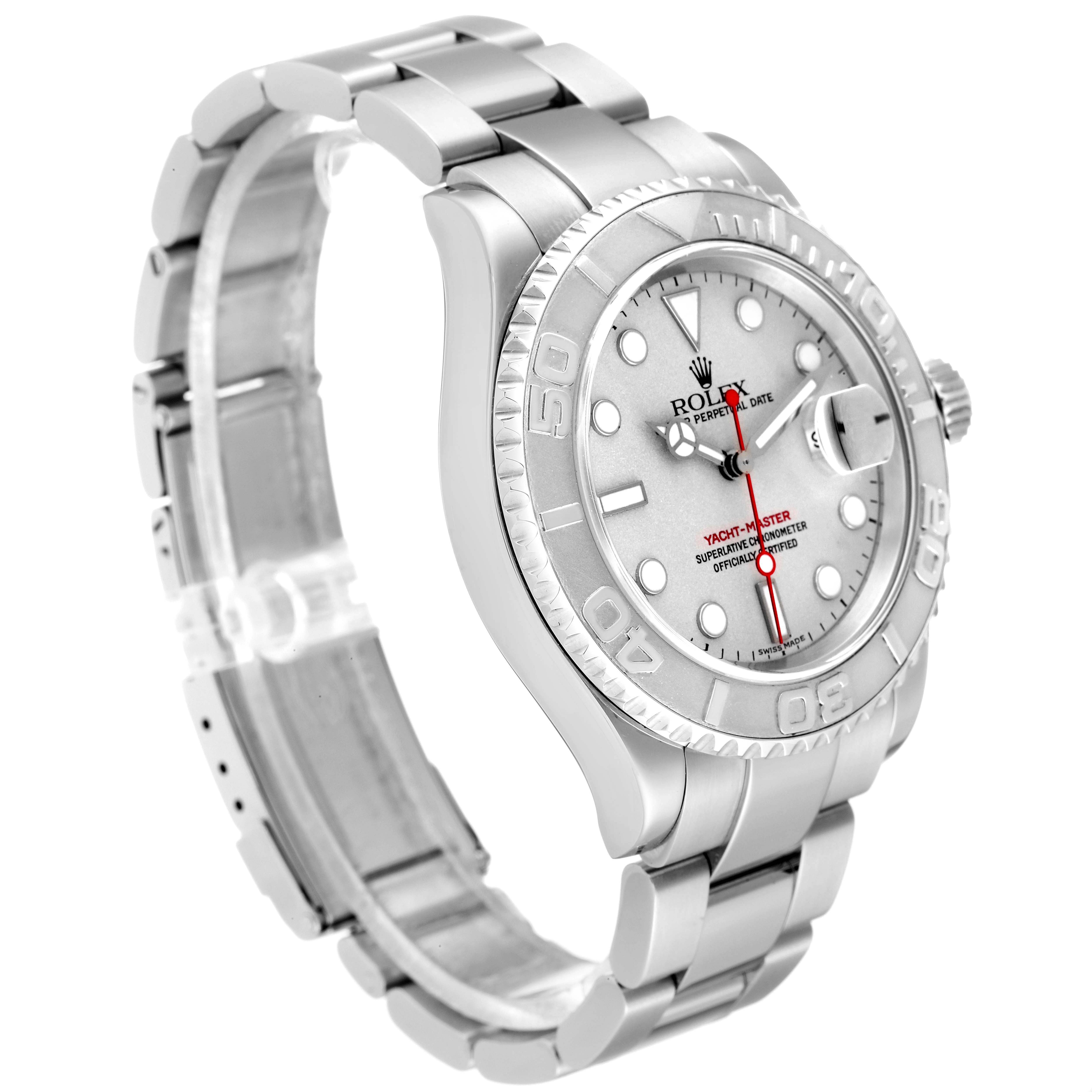 The image shows a side angle of a Rolex Yacht-Master 16622 Men's Stainless Steel Silver Dial 16622 Men's Stainless Steel Silver Dial watch, highlighting the bracelet, dial, and bezel.