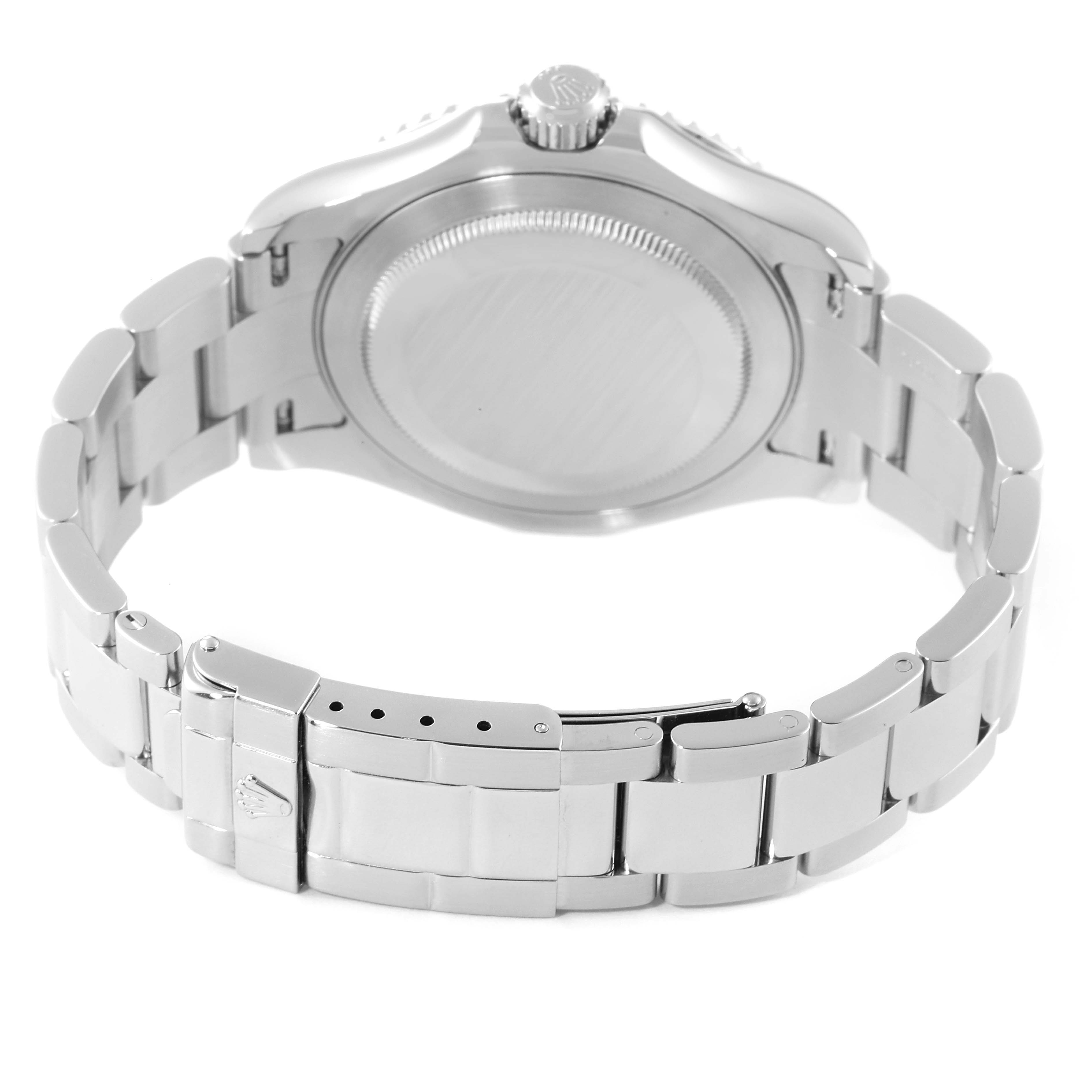 This image shows the back view of a Rolex Yacht-Master 16622 Men's Stainless Steel Silver Dial 16622 Men's Stainless Steel Silver Dial watch, highlighting its clasp and bracelet.