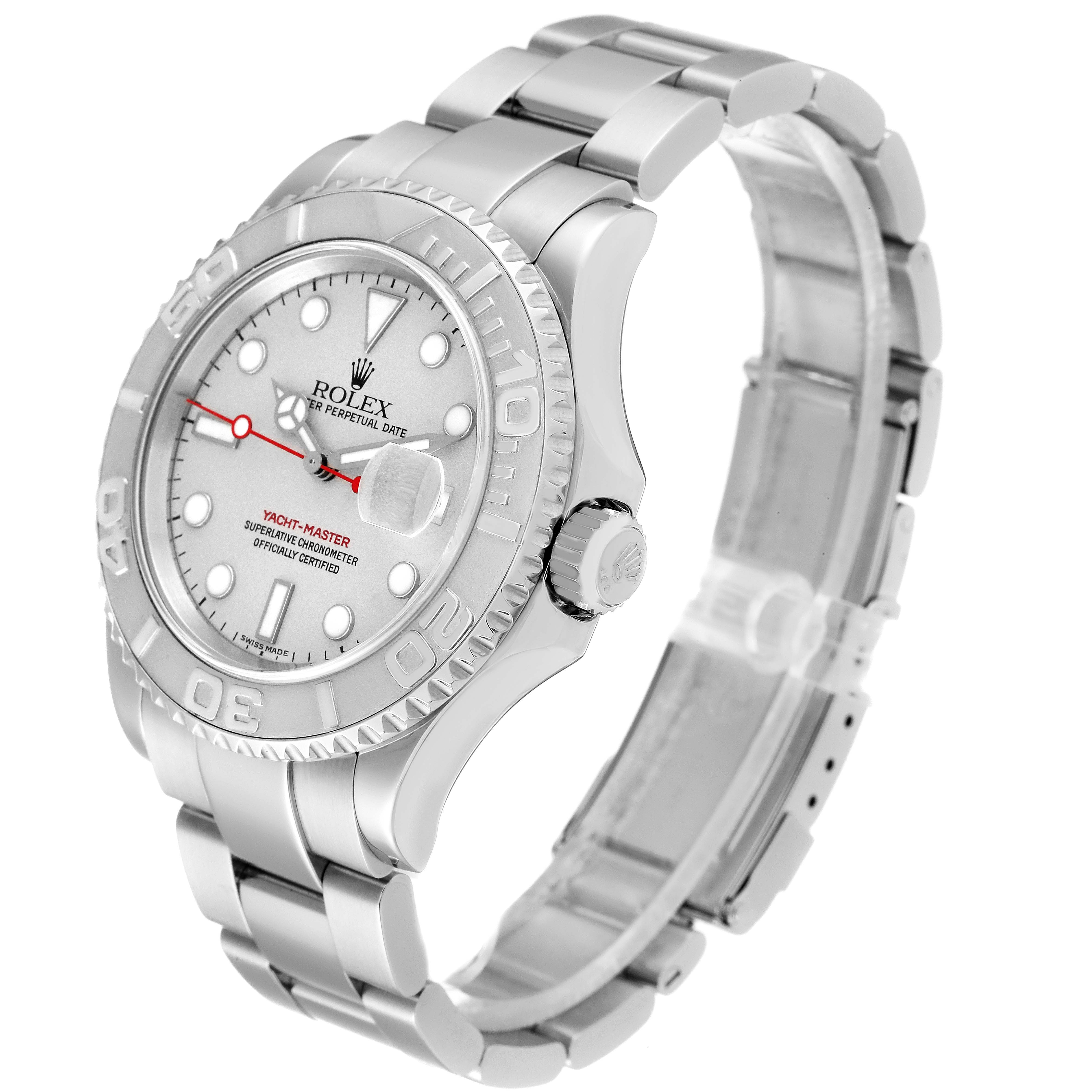 The Rolex Yacht-Master 16622 Men's Stainless Steel Silver Dial 16622 Men's Stainless Steel Silver Dial watch is shown at an angle, highlighting the face, bezel, crown, and stainless steel bracelet.