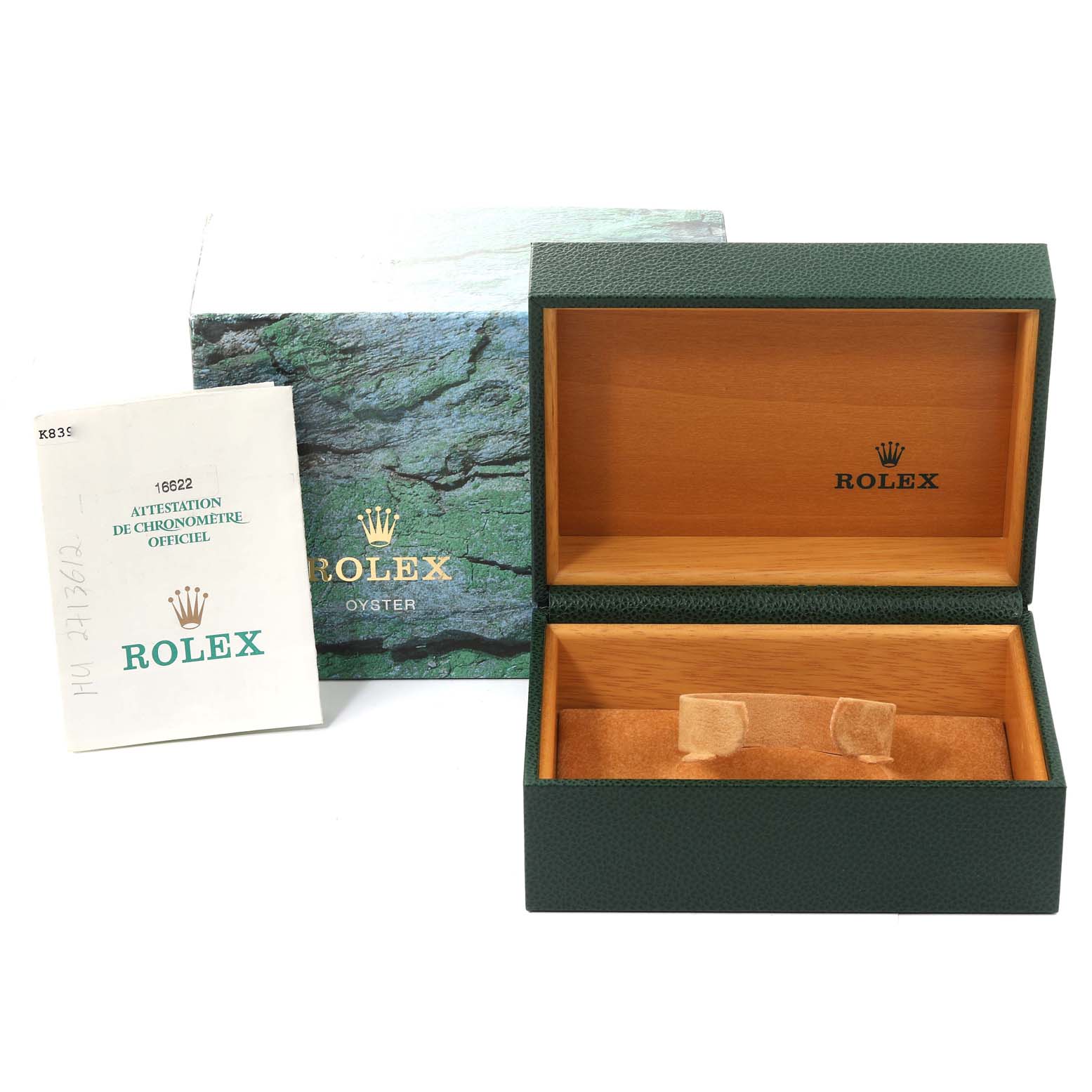 The image shows the packaging and certificate for a Rolex Yacht-Master 16622 Men's Stainless Steel Silver Dial 16622 Men's Stainless Steel Silver Dial watch, including the outer box, inner box, and warranty card.