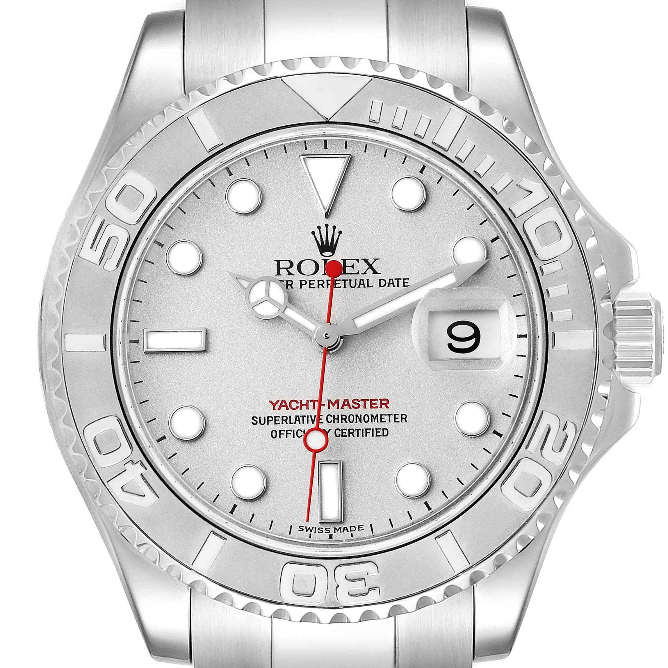 This image shows a close-up front view of a Rolex Yacht-Master 16622 Men's Stainless Steel Silver Dial 16622 Men's Stainless Steel Silver Dial watch displaying the dial, bezel, and date window.