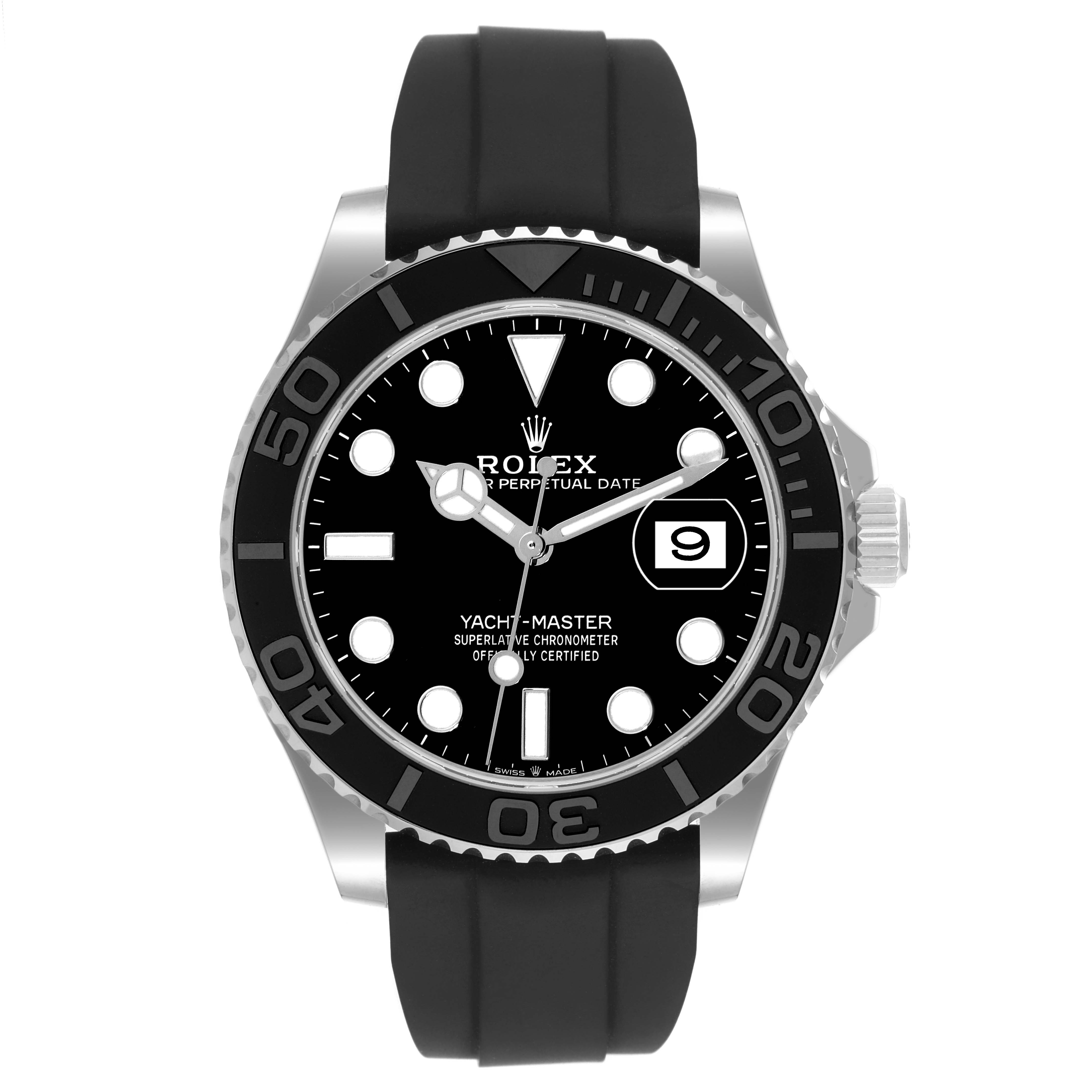 The Rolex Yacht-Master 226659 Men's White Gold Black Dial 226659 Men's White Gold Black Dial watch is shown from a front angle, highlighting the black dial, bezel, and rubber strap.