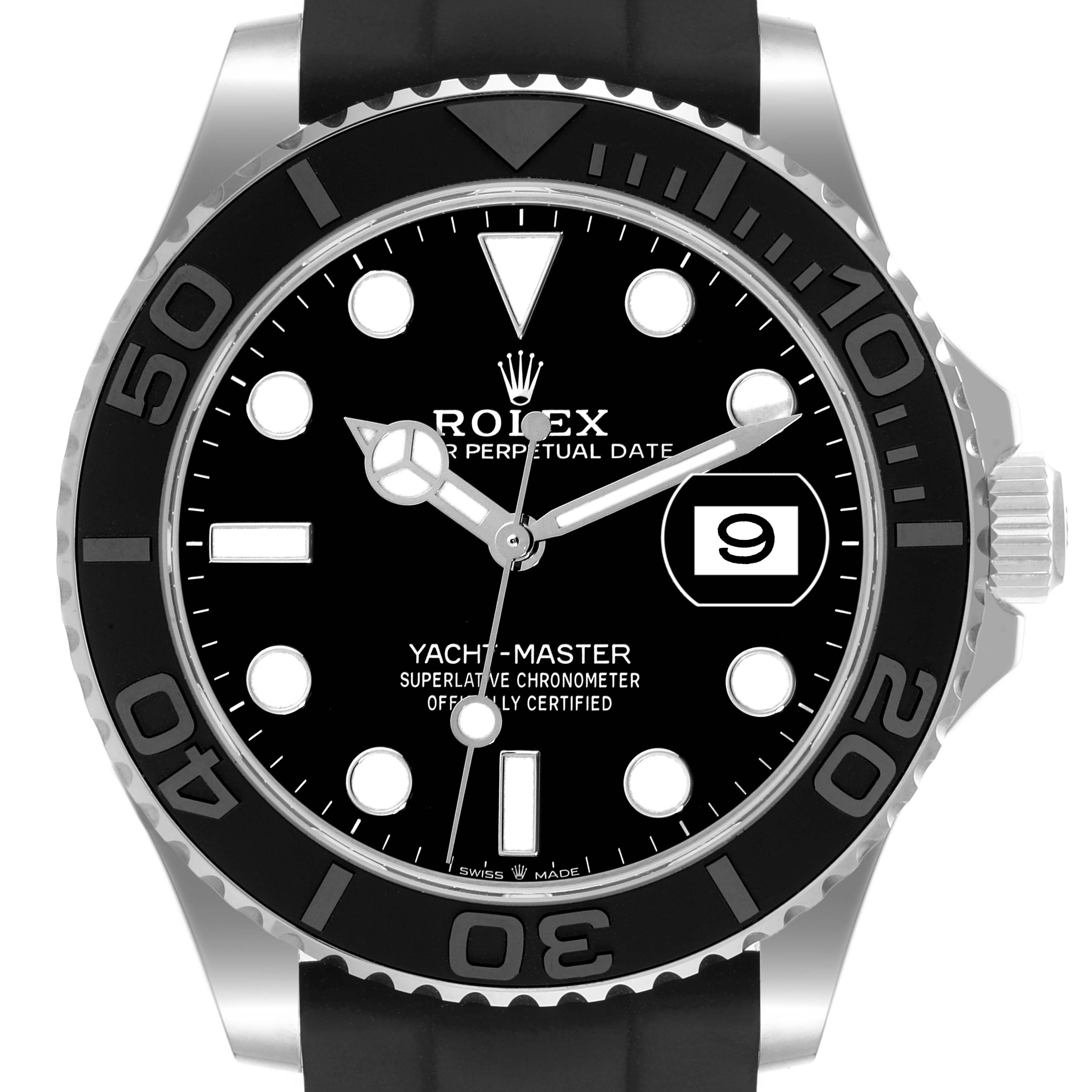 The image shows a front view of the Rolex Yacht-Master 226659 Men's White Gold Black Dial 226659 Men's White Gold Black Dial watch displaying the dial, bezel, crown, and rubber strap.