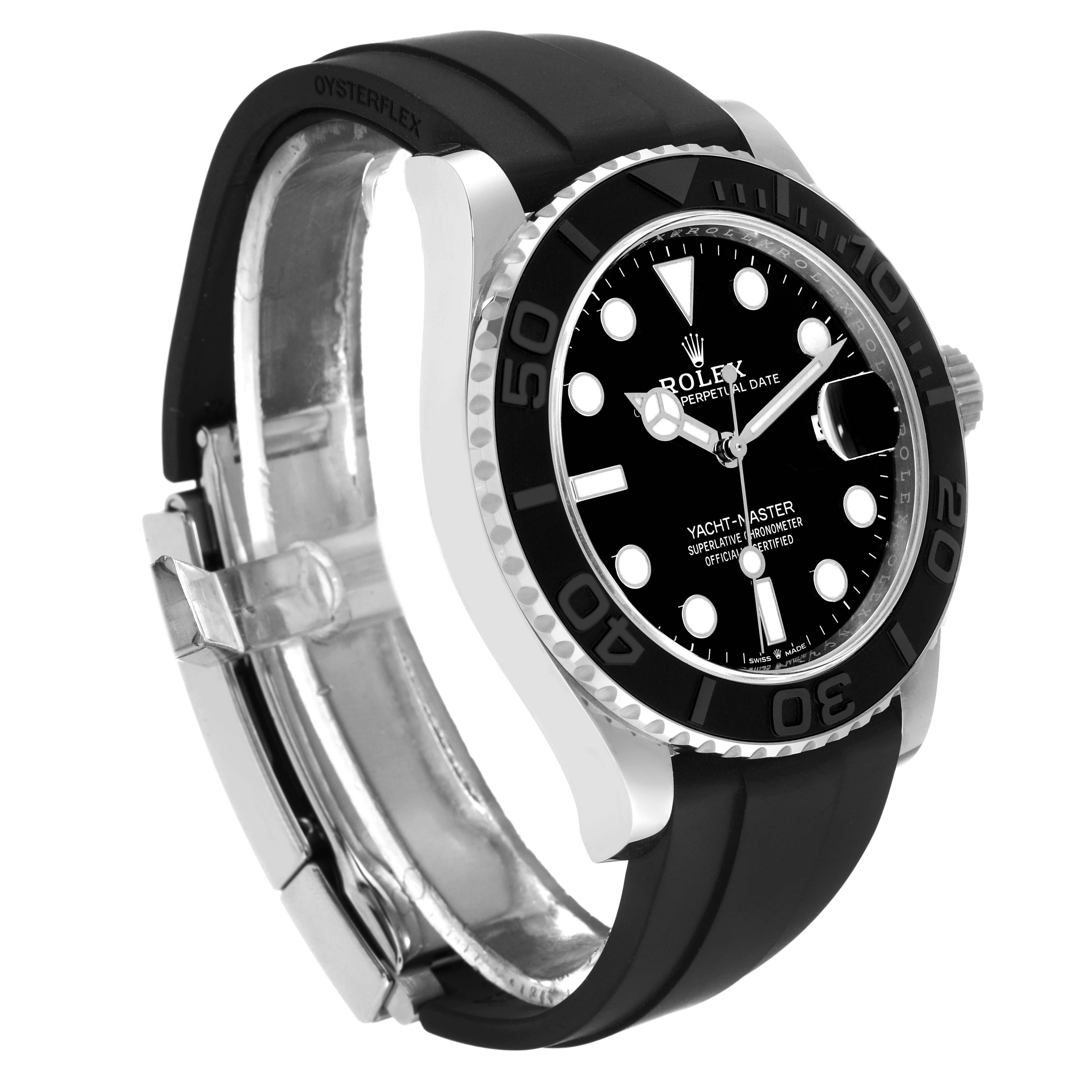 The Rolex Yacht-Master 226659 Men's White Gold Black Dial 226659 Men's White Gold Black Dial watch is shown at a three-quarter angle, highlighting its black dial, bezel, and Oysterflex strap.