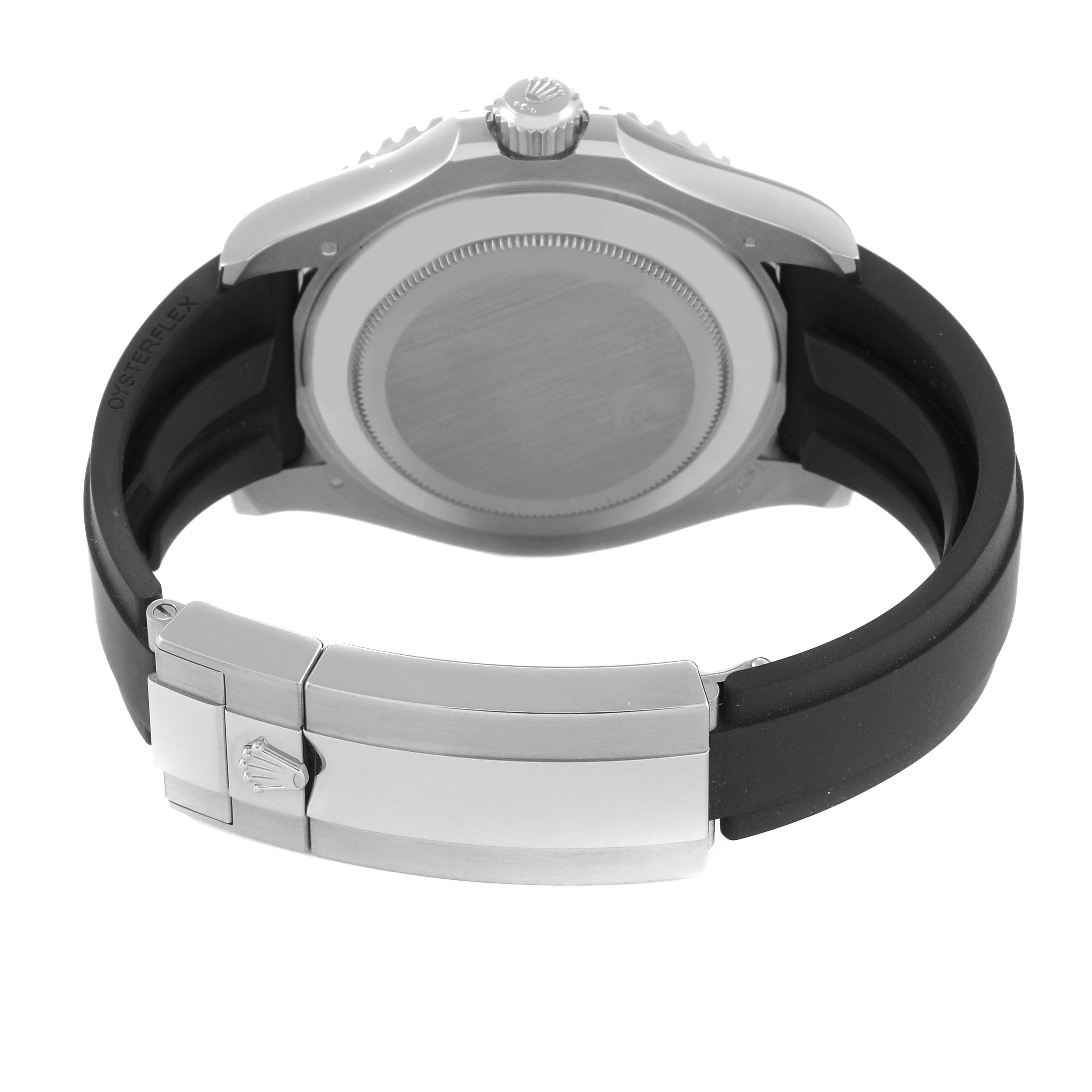 The image shows the back view of a Rolex Yacht-Master 226659 Men's White Gold Black Dial 226659 Men's White Gold Black Dial watch, highlighting the case back and the Oysterflex bracelet with clasp.