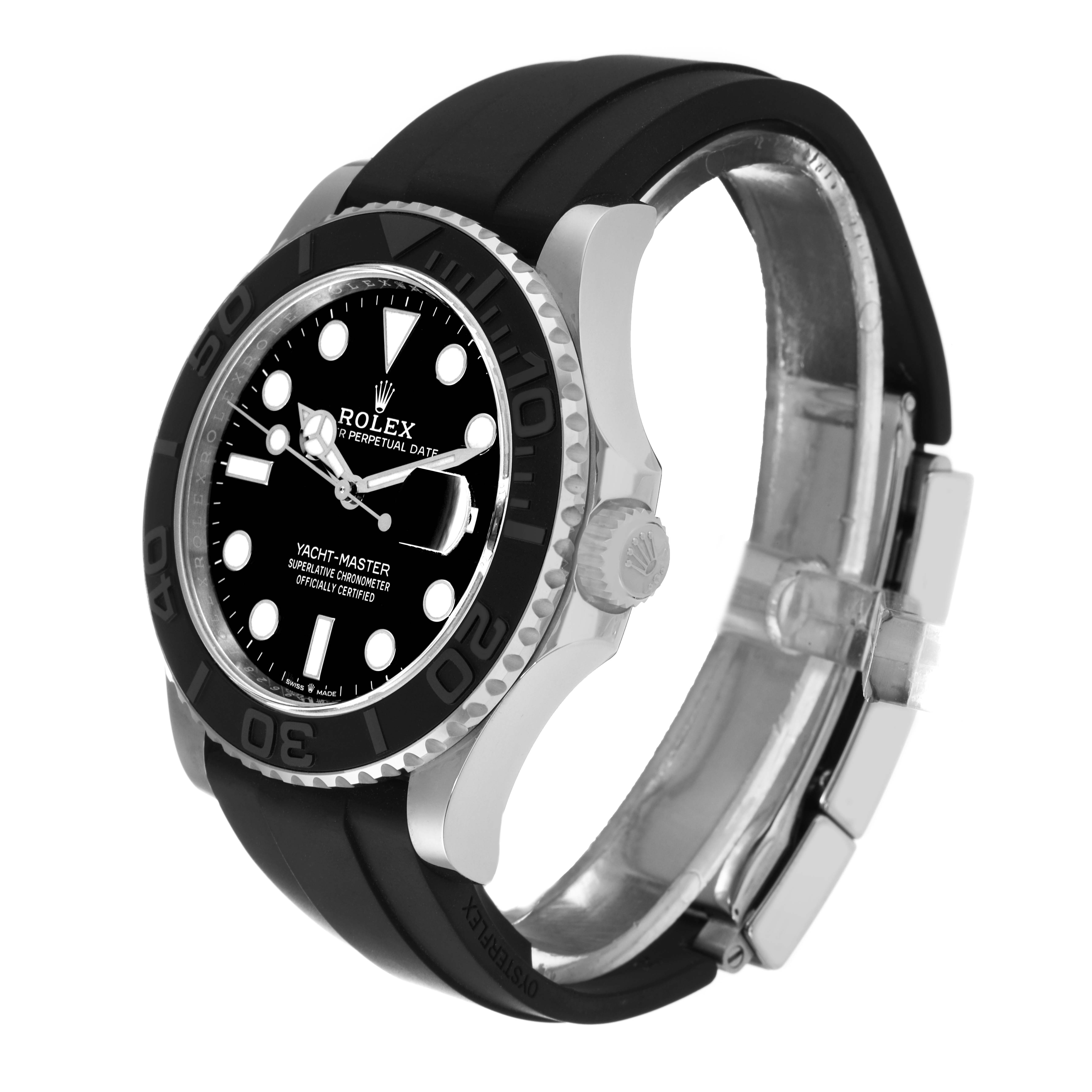 The image shows a side profile of the Rolex Yacht-Master 226659 Men's White Gold Black Dial 226659 Men's White Gold Black Dial watch, highlighting the bezel, crown, and strap.