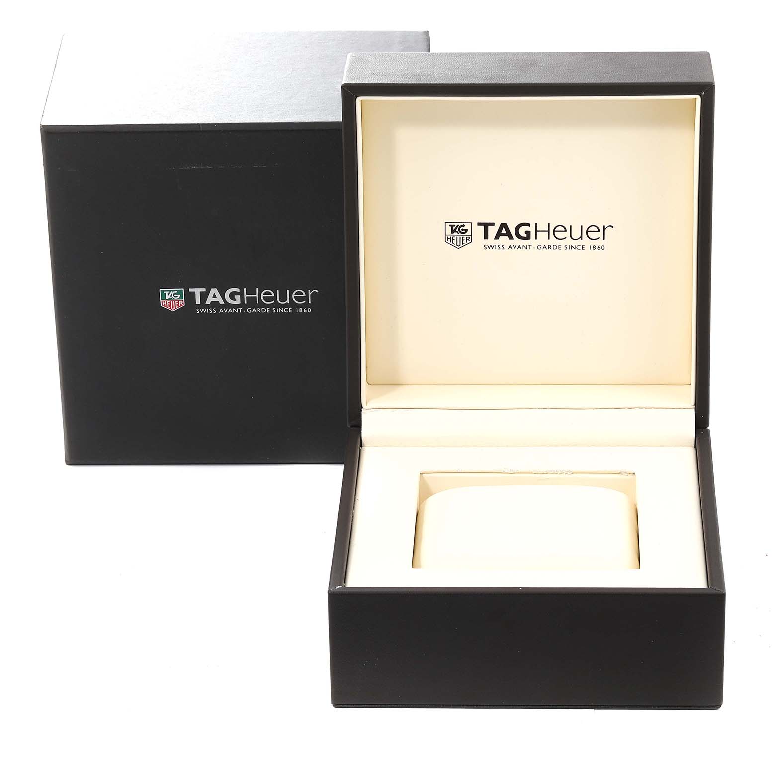 This image shows the open black and beige box for a Tag Heuer Aquaracer WAF1313.BA0819 Women's Stainless Steel Mother of Pearl Dial WAF1313.BA0819 Women's Stainless Steel Mother of Pearl Dial watch, revealing the brand's logo inside.