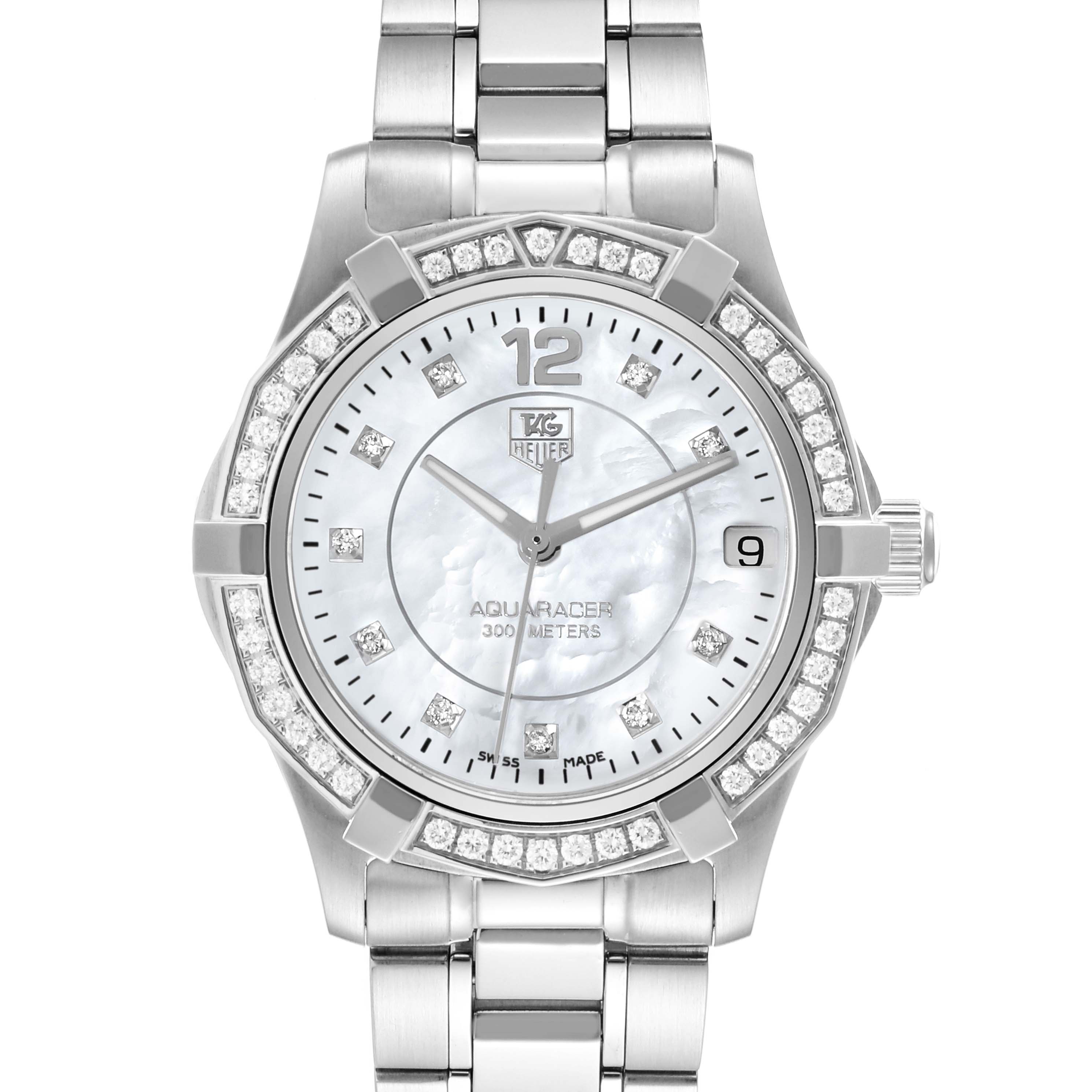 This is a front view of a Tag Heuer Aquaracer WAF1313.BA0819 Women's Stainless Steel Mother of Pearl Dial WAF1313.BA0819 Women's Stainless Steel Mother of Pearl Dial watch, showing the bezel, dial, hands, and bracelet.