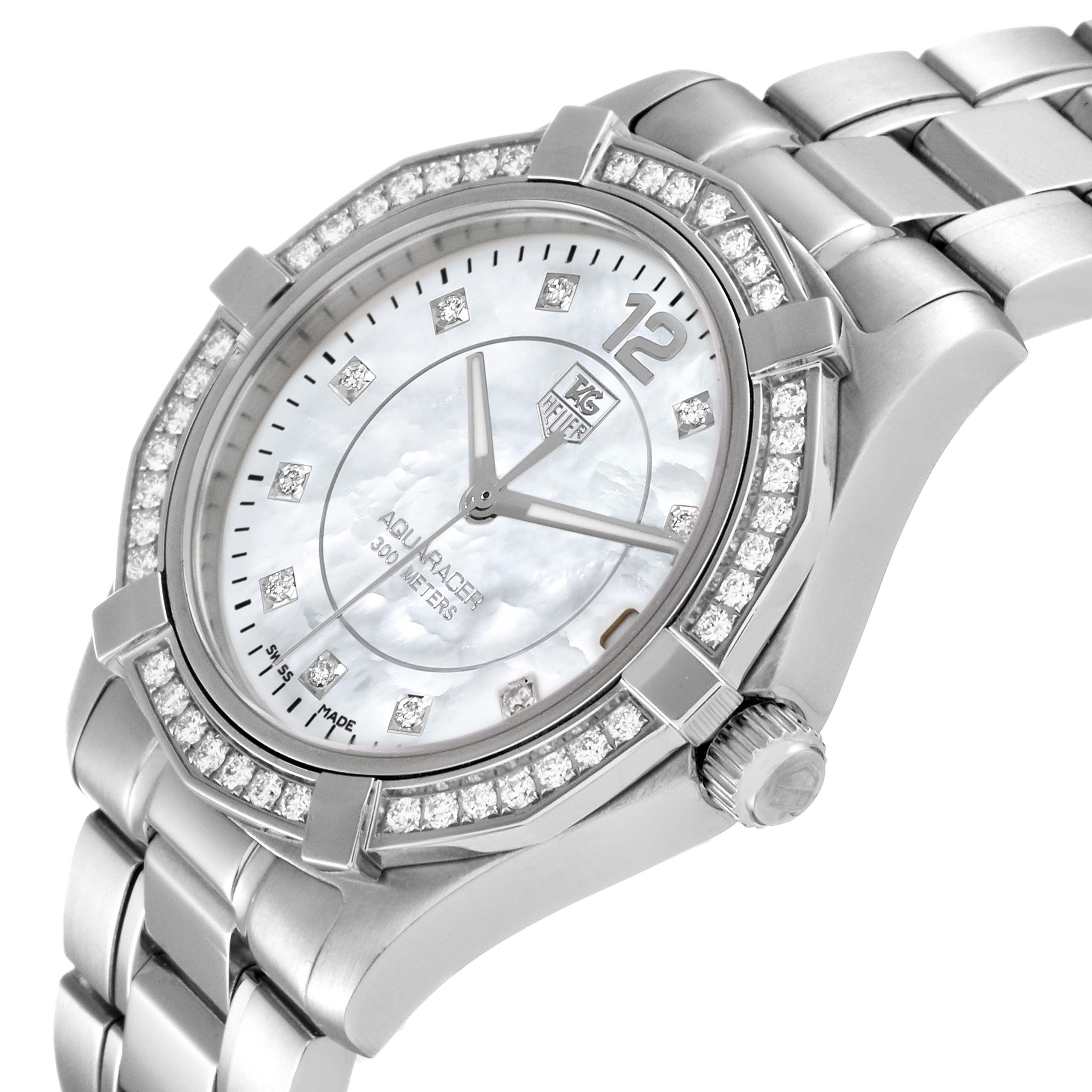 This image shows a Tag Heuer Aquaracer WAF1313.BA0819 Women's Stainless Steel Mother of Pearl Dial WAF1313.BA0819 Women's Stainless Steel Mother of Pearl Dial watch angled to display the face, bezel, and part of the bracelet.