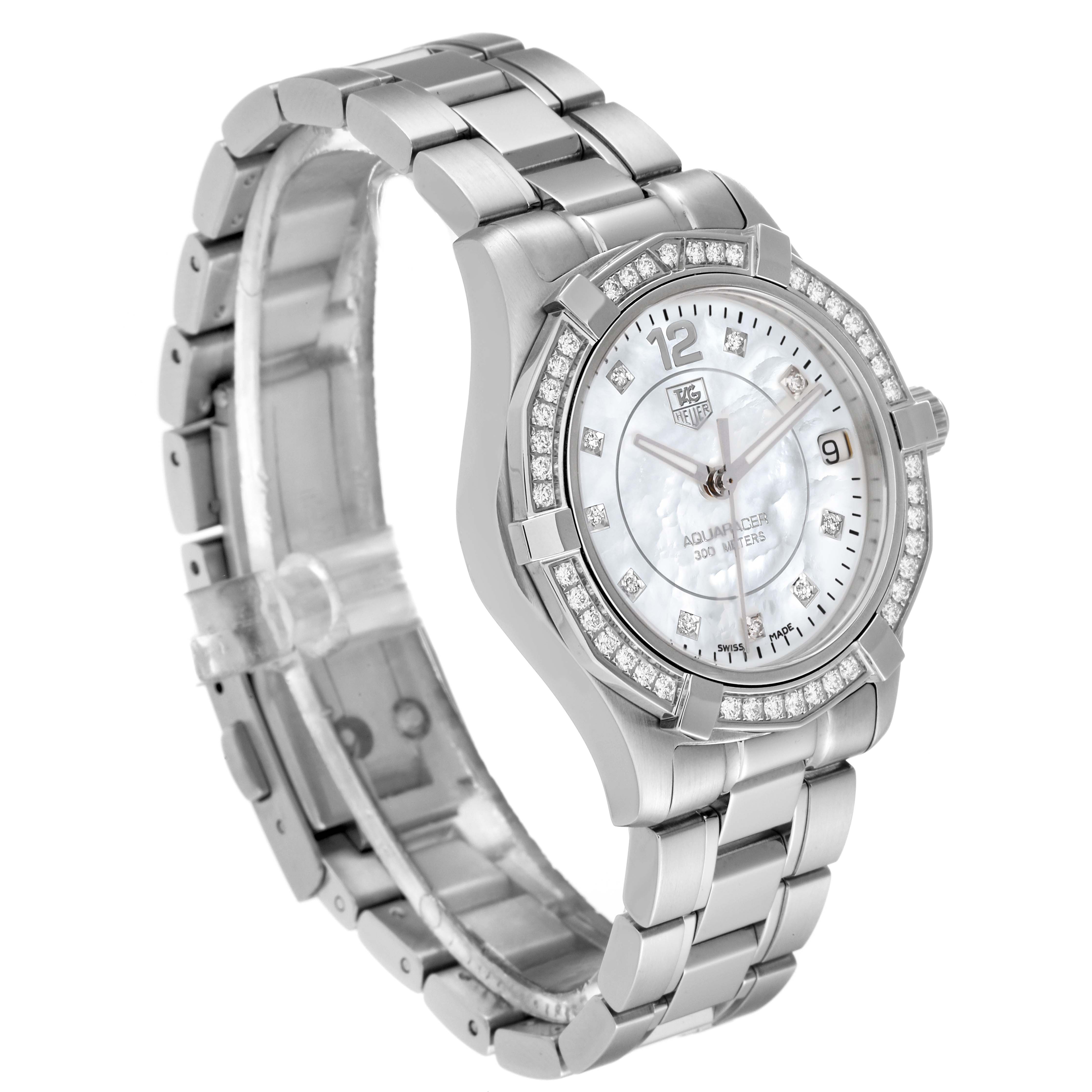 The image shows a Tag Heuer Aquaracer WAF1313.BA0819 Women's Stainless Steel Mother of Pearl Dial WAF1313.BA0819 Women's Stainless Steel Mother of Pearl Dial watch at an oblique angle, highlighting its bracelet, bezel, and dial.