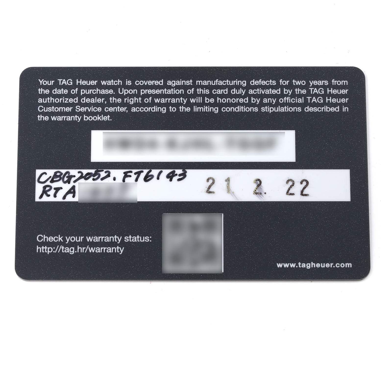 This image shows the warranty card for a Tag Heuer Carrera CBG2052.FT6143 Men's Ceramic Black Dial CBG2052.FT6143 Men's Ceramic Black Dial model watch.