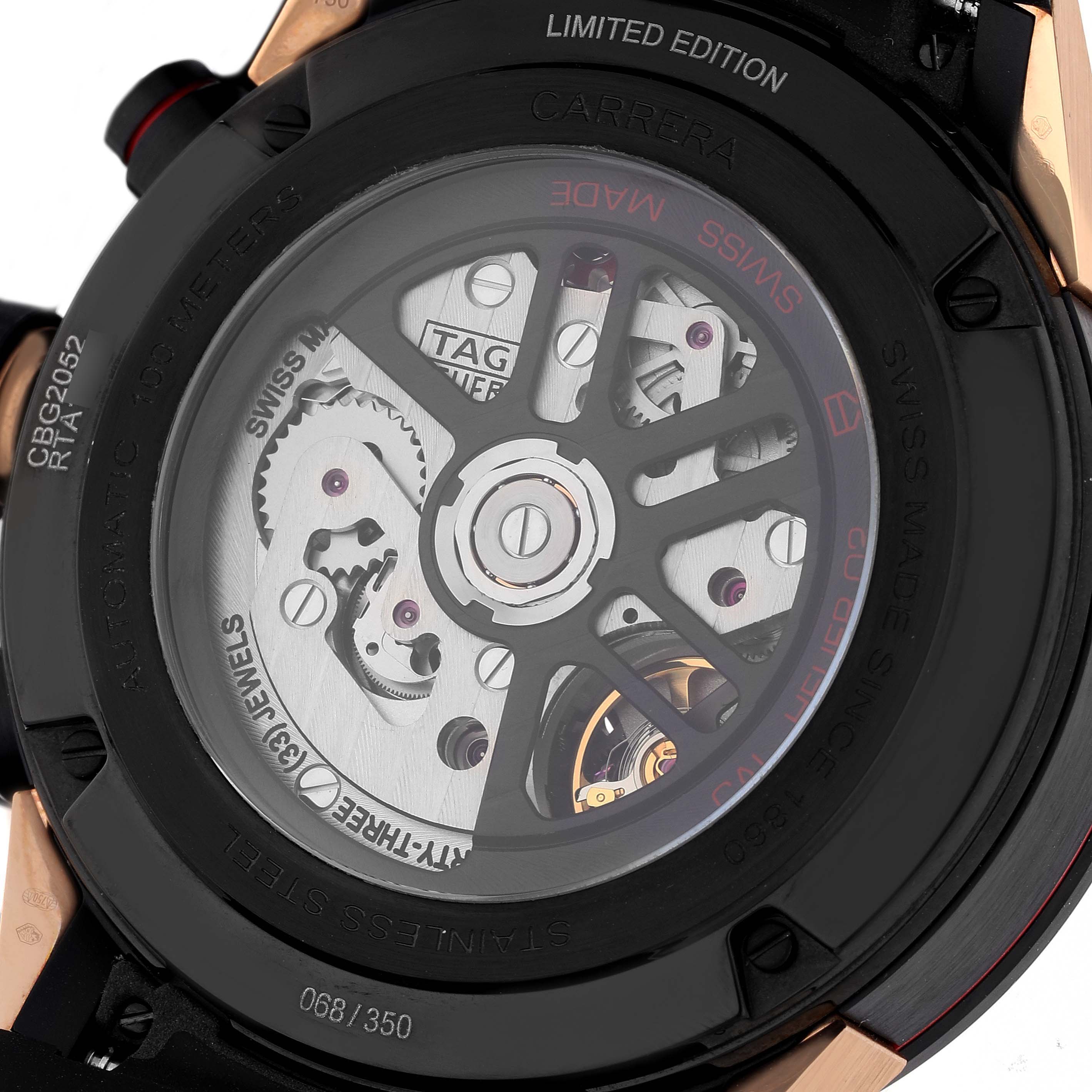The image shows the back view of a Tag Heuer Carrera CBG2052.FT6143 Men's Ceramic Black Dial CBG2052.FT6143 Men's Ceramic Black Dial watch, highlighting the limited edition engraving and internal mechanical components.