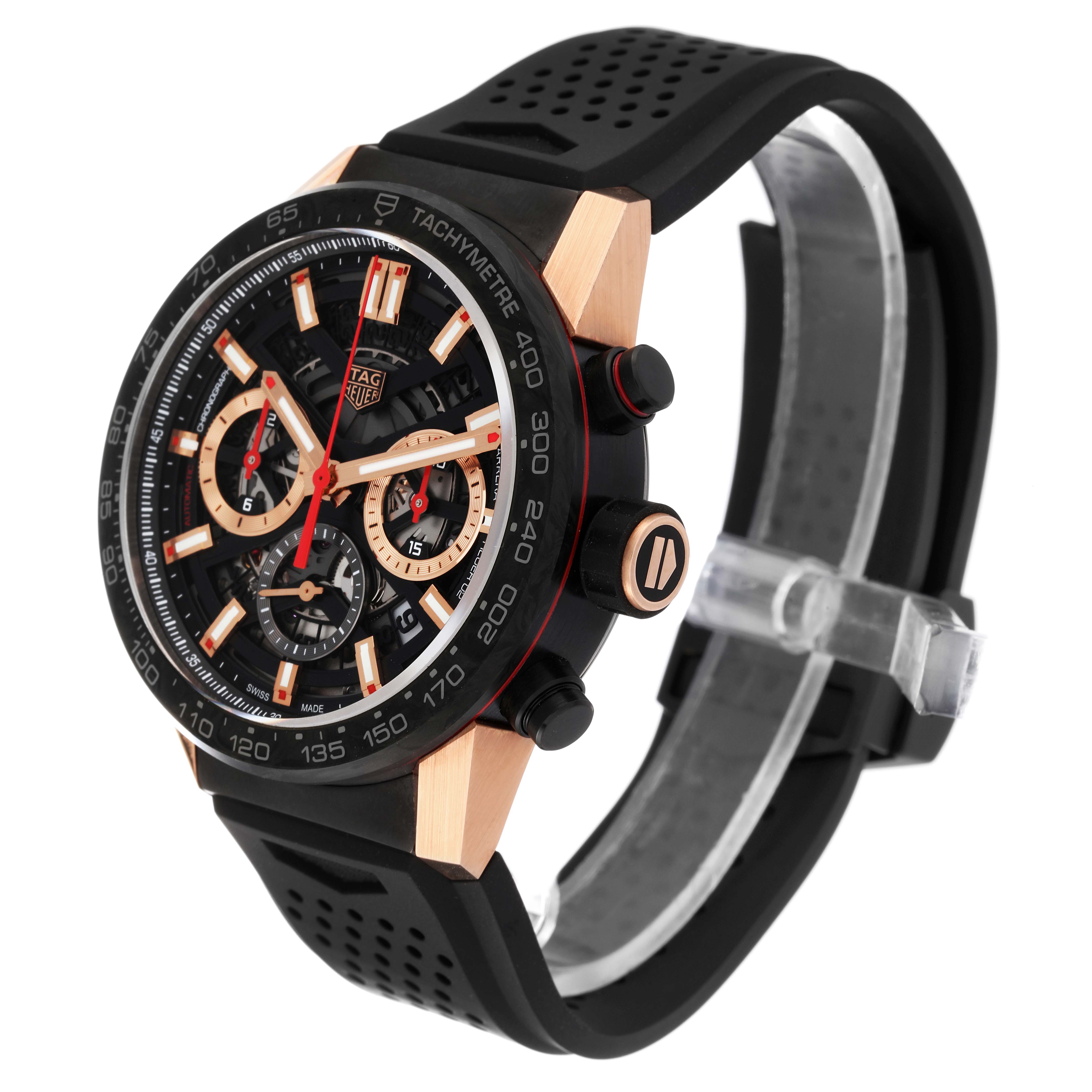 The Tag Heuer Carrera CBG2052.FT6143 Men's Ceramic Black Dial CBG2052.FT6143 Men's Ceramic Black Dial watch is shown at an angle highlighting the face, side buttons, bezel, and black strap.