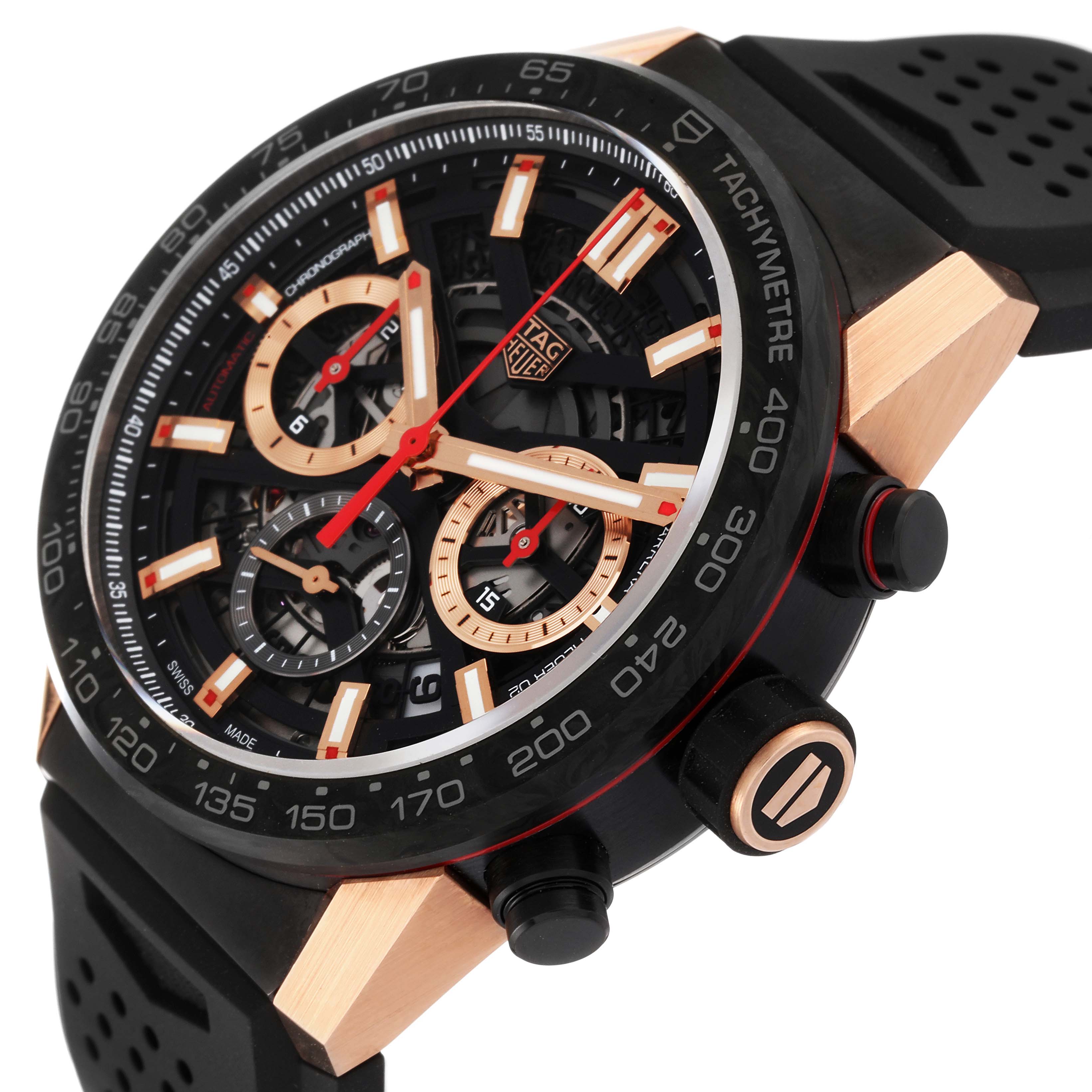 The image shows a close-up angle of the Tag Heuer Carrera CBG2052.FT6143 Men's Ceramic Black Dial CBG2052.FT6143 Men's Ceramic Black Dial watch face, bezel, and part of the strap.