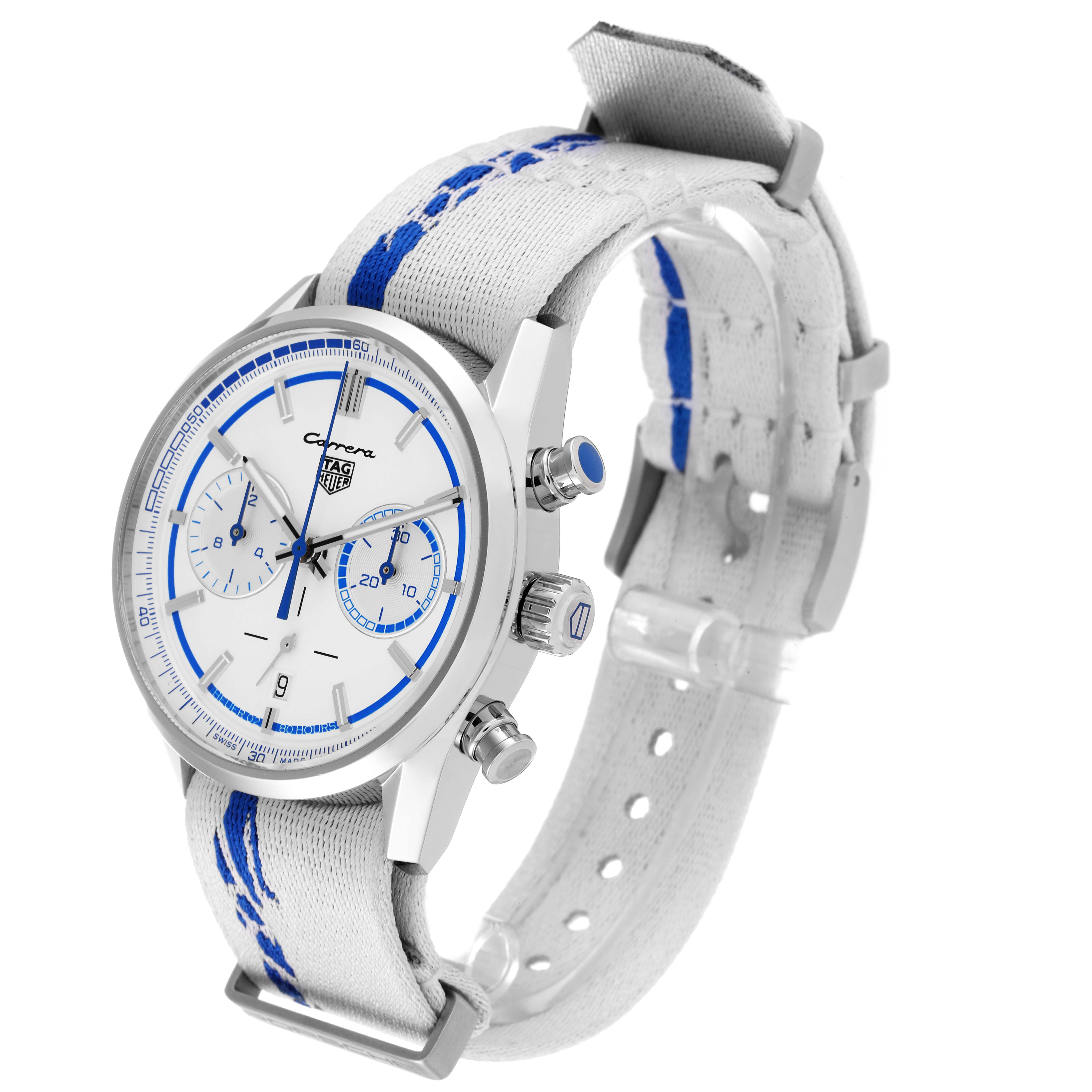 The Tag Heuer Carrera watch is shown at an angled side view, featuring its dial, chronograph buttons, crown, and strap.