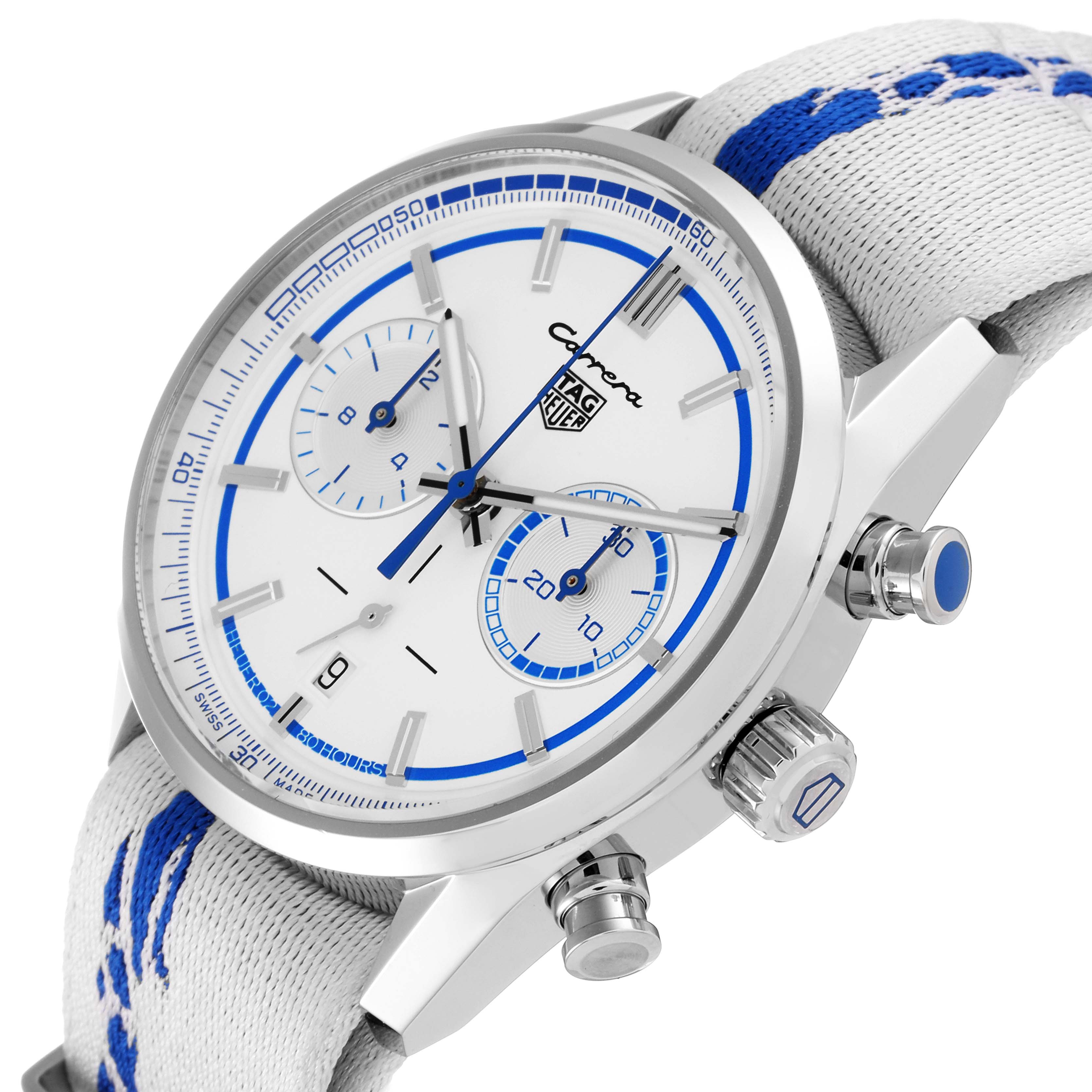 The image shows a close-up angled view of the Carrera model watch by Tag Heuer, featuring its face, chronograph dials, and crown.