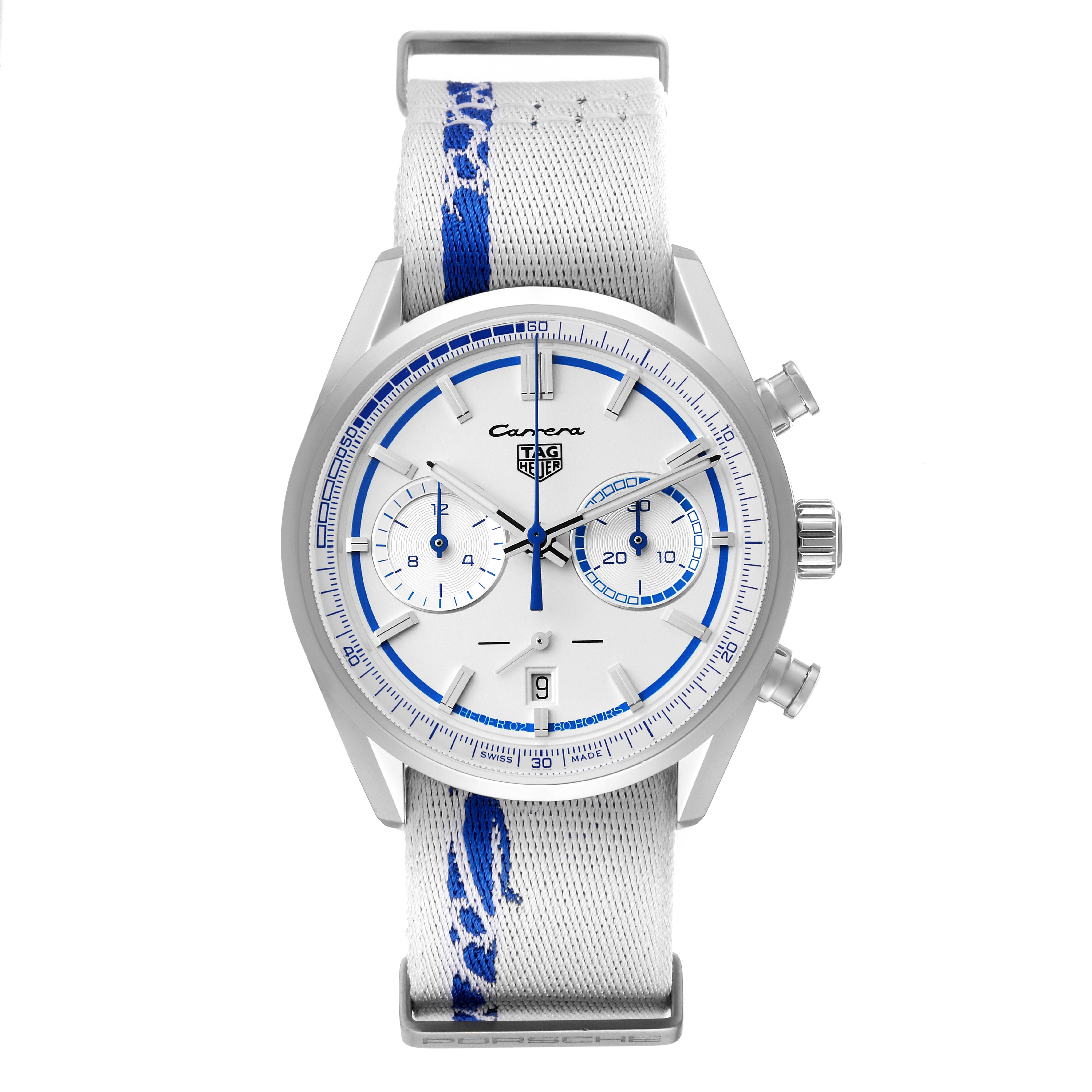 The image shows a front view of a Tag Heuer Carrera watch with a white and blue strap, displaying its dials and buttons.