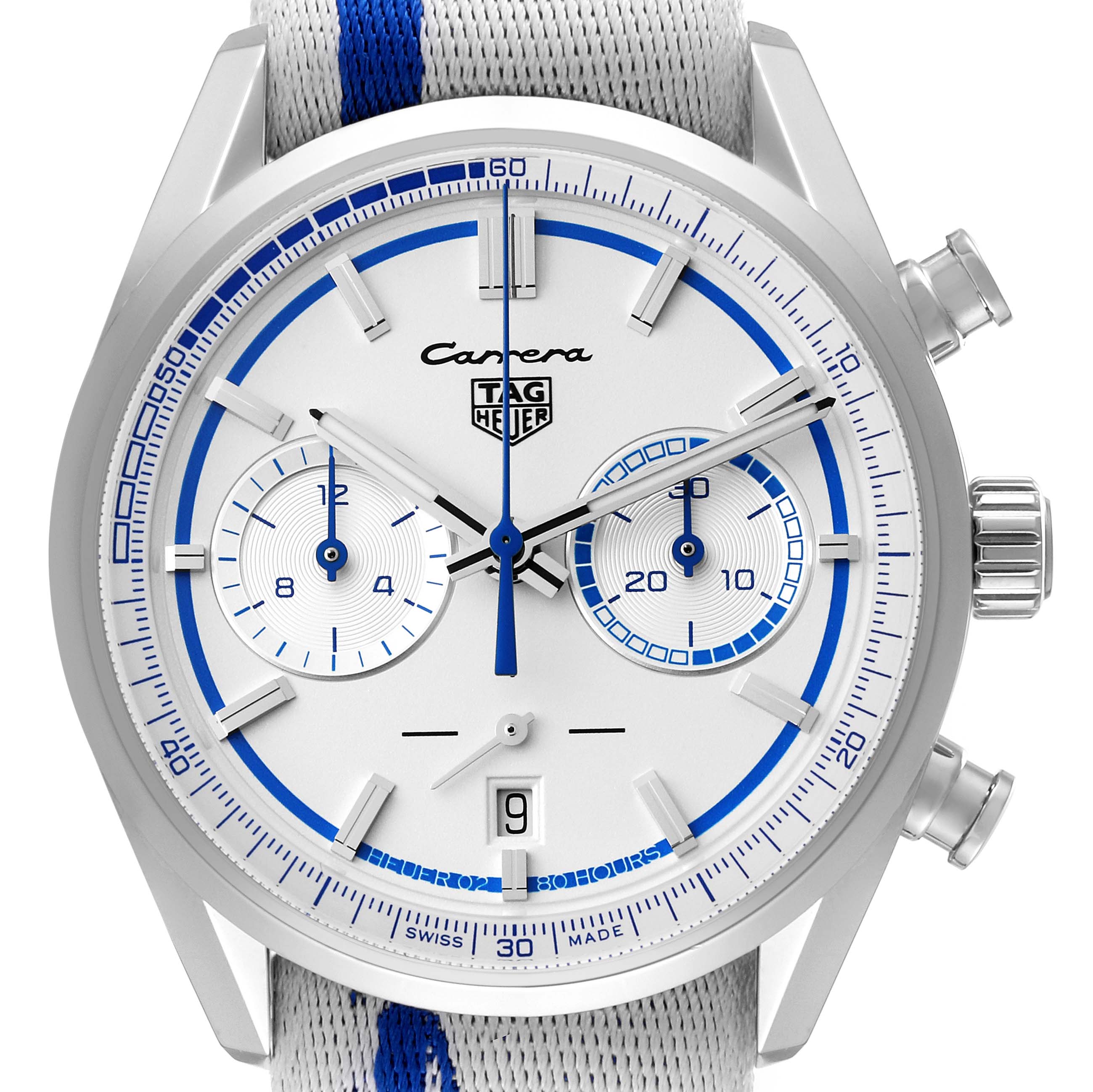 This image shows the face of the Tag Heuer Carrera Limited Edition watch with its dials, hands, and brand logo clearly visible.
