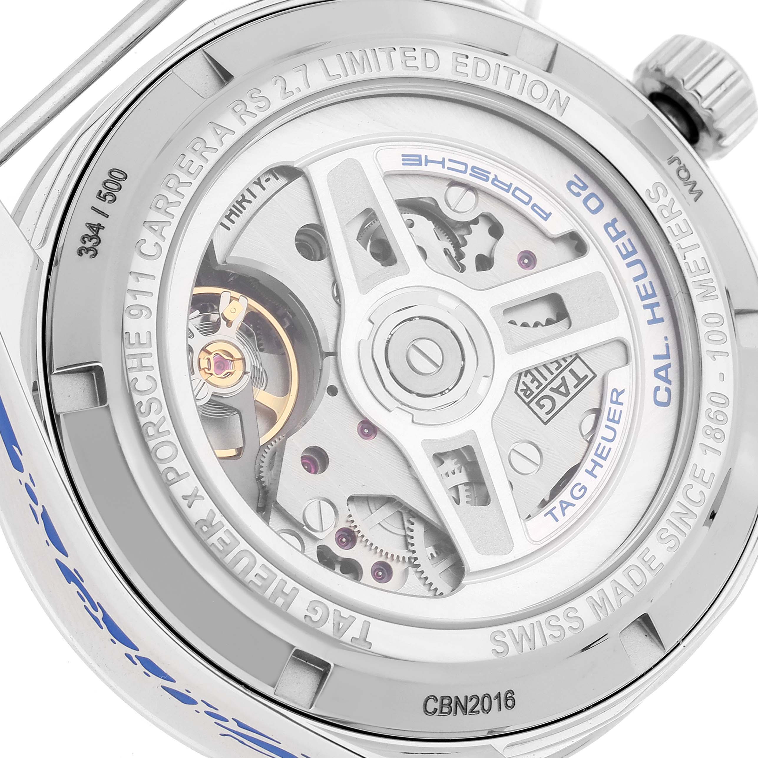 This image shows the back view of the Tag Heuer Carrera model watch featuring its internal mechanisms and limited edition engravings.