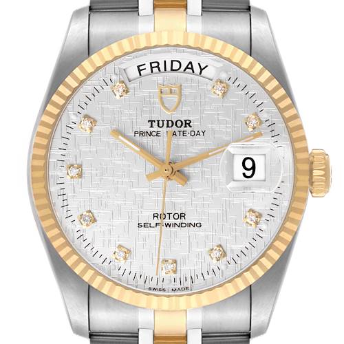 The Tudor Prince 76213 Men's Steel and Gold (two tone) Silver Dial watch is shown from a frontal angle, highlighting its dial, bezel, and part of the bracelet.