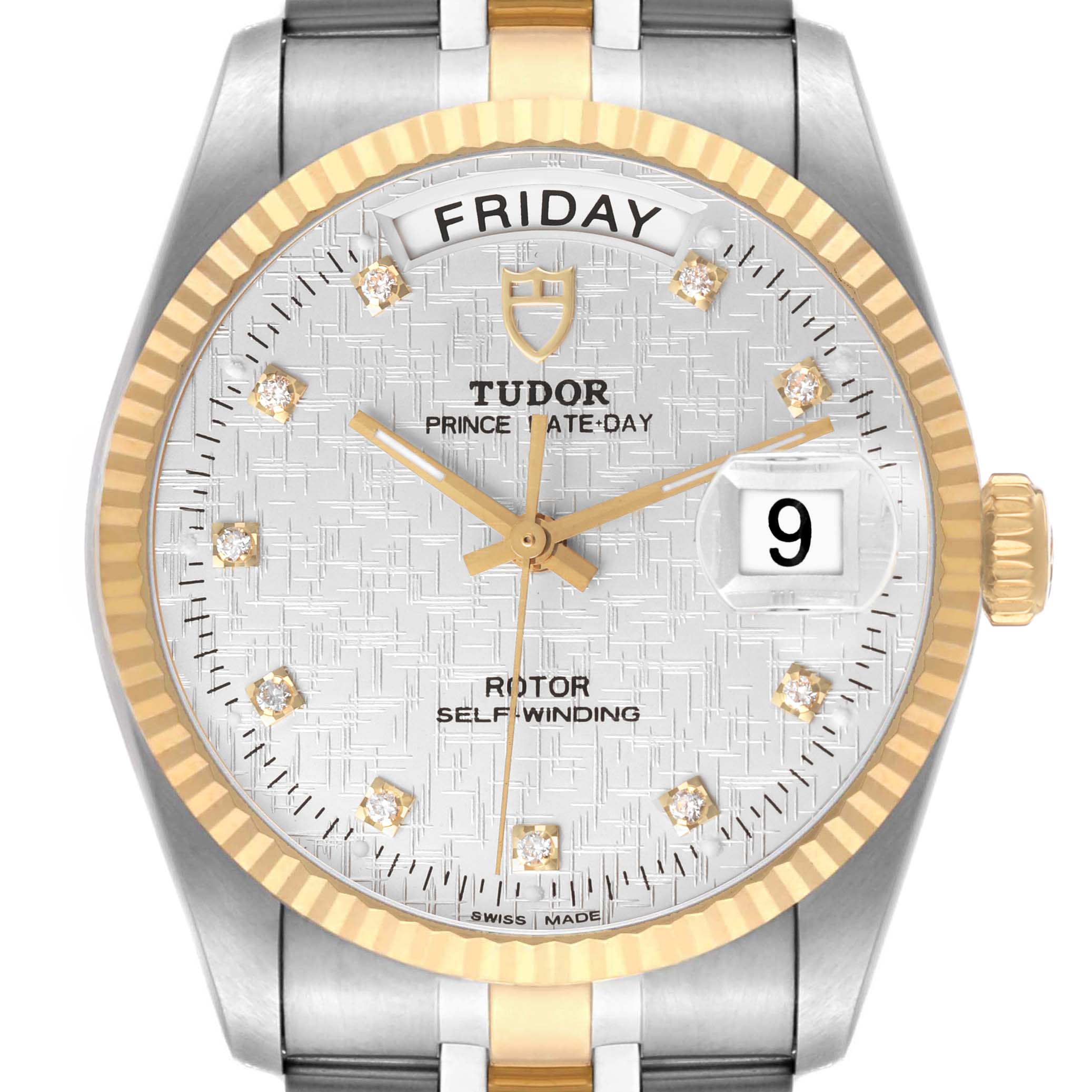 The Tudor Prince 76213 Men's Steel and Gold (two tone) Silver Dial watch is shown from a front angle, highlighting the face, bezel, crown, and part of the bracelet.