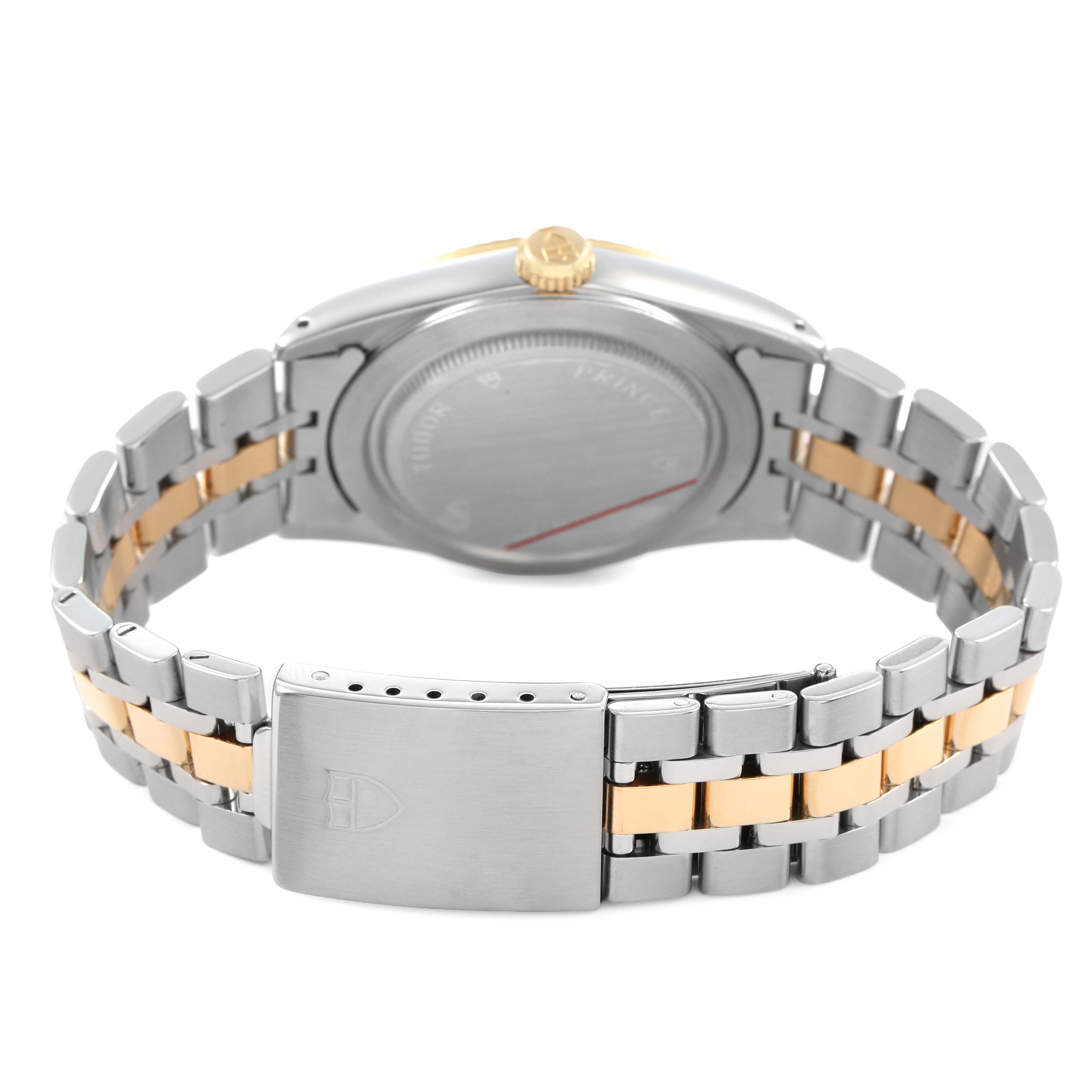 The image shows the back and bracelet of the Tudor Prince 76213 Men's Steel and Gold (two tone) Silver Dial model, featuring a two-tone metal design and a folding clasp.