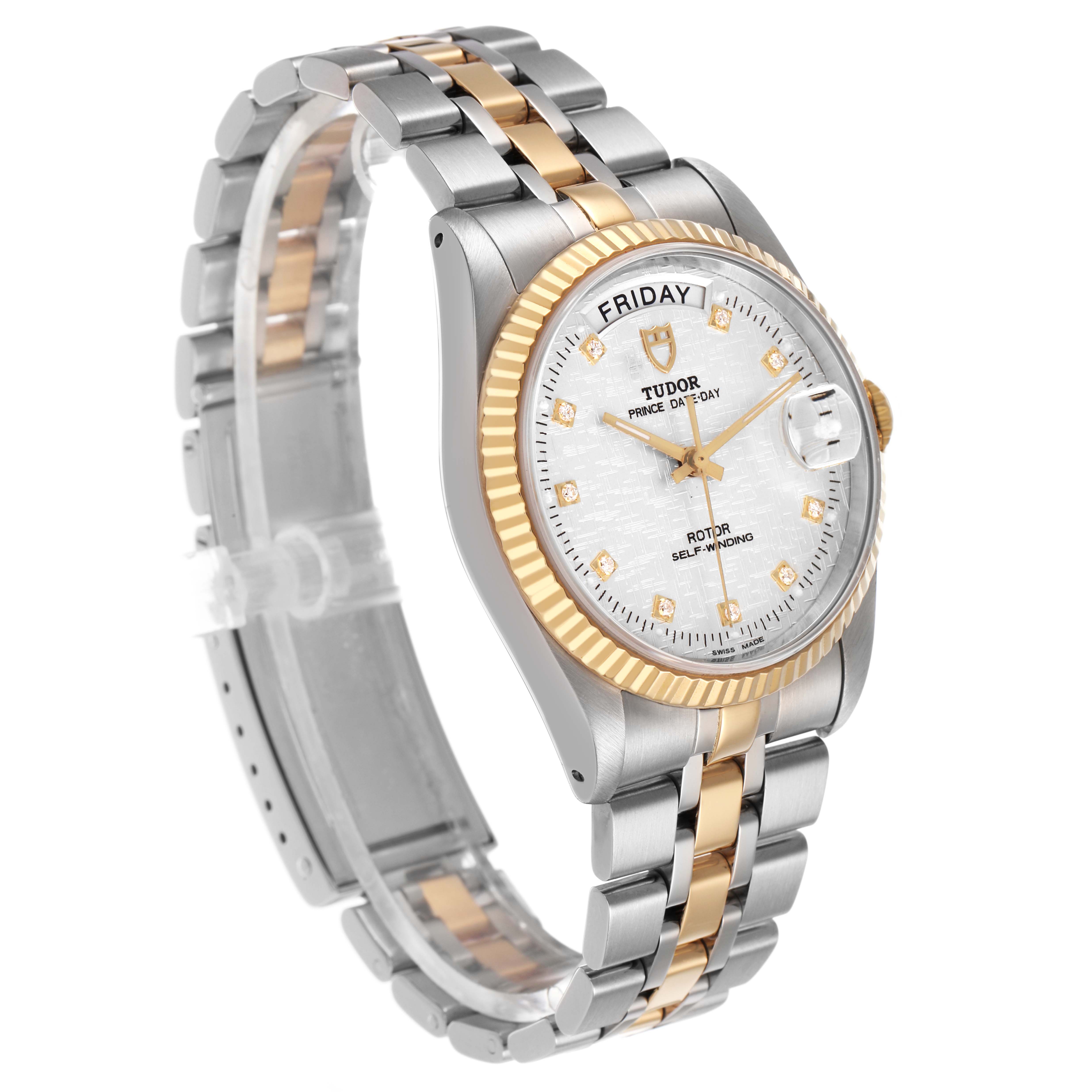 The Tudor Prince 76213 Men's Steel and Gold (two tone) Silver Dial watch is shown at a three-quarter angle, highlighting its gold and silver bracelet, bezel, and dial.