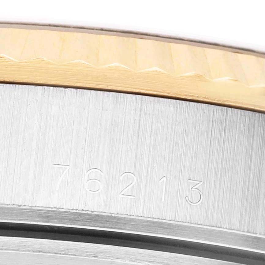 The image shows a close-up side view of a Tudor Prince 76213 Men's Steel and Gold (two tone) Silver Dial watch, highlighting the bezel and case with engraved model number "76213."