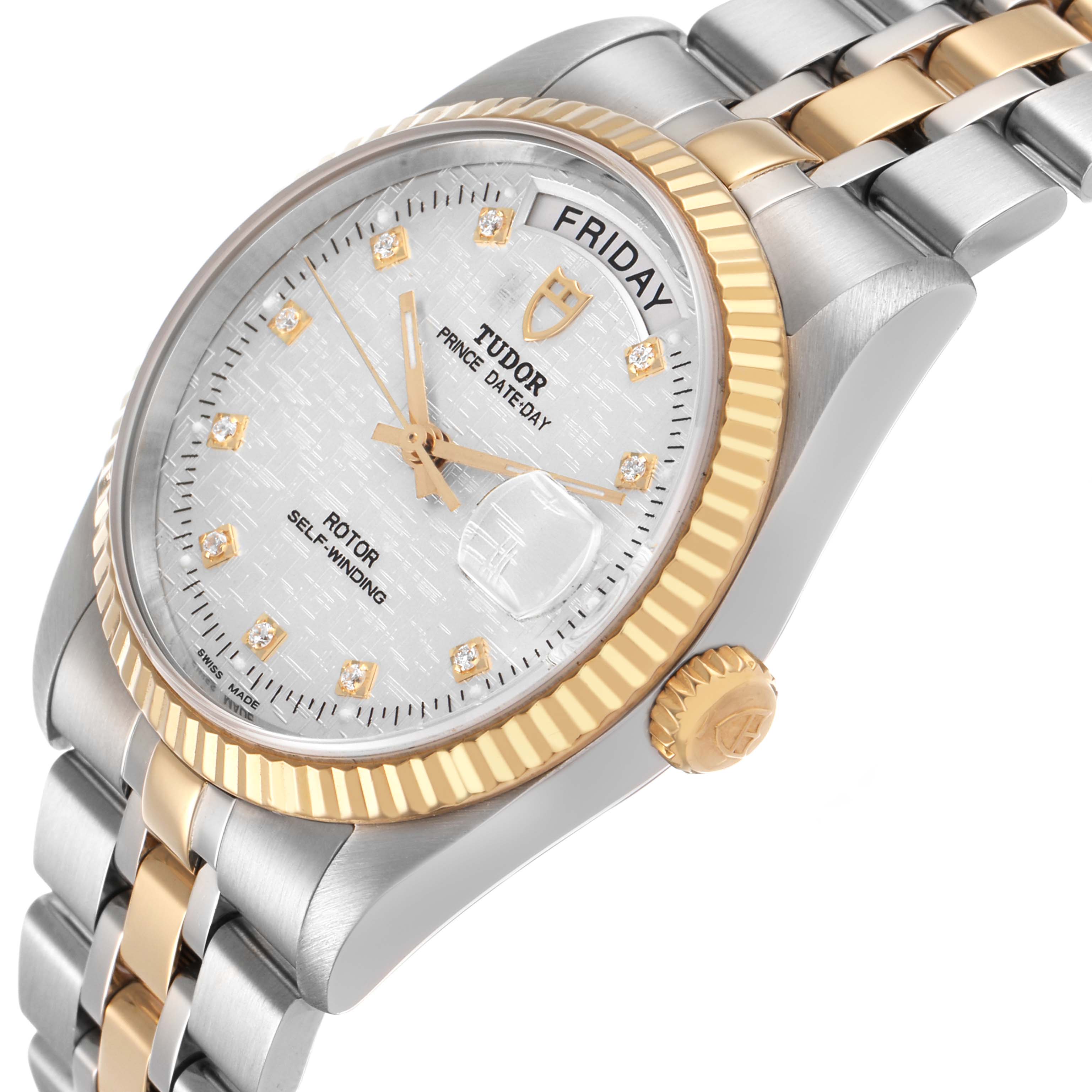 The Tudor Prince 76213 Men's Steel and Gold (two tone) Silver Dial watch is shown at a three-quarter angle, highlighting the crown, bracelet, and face with day and date features.