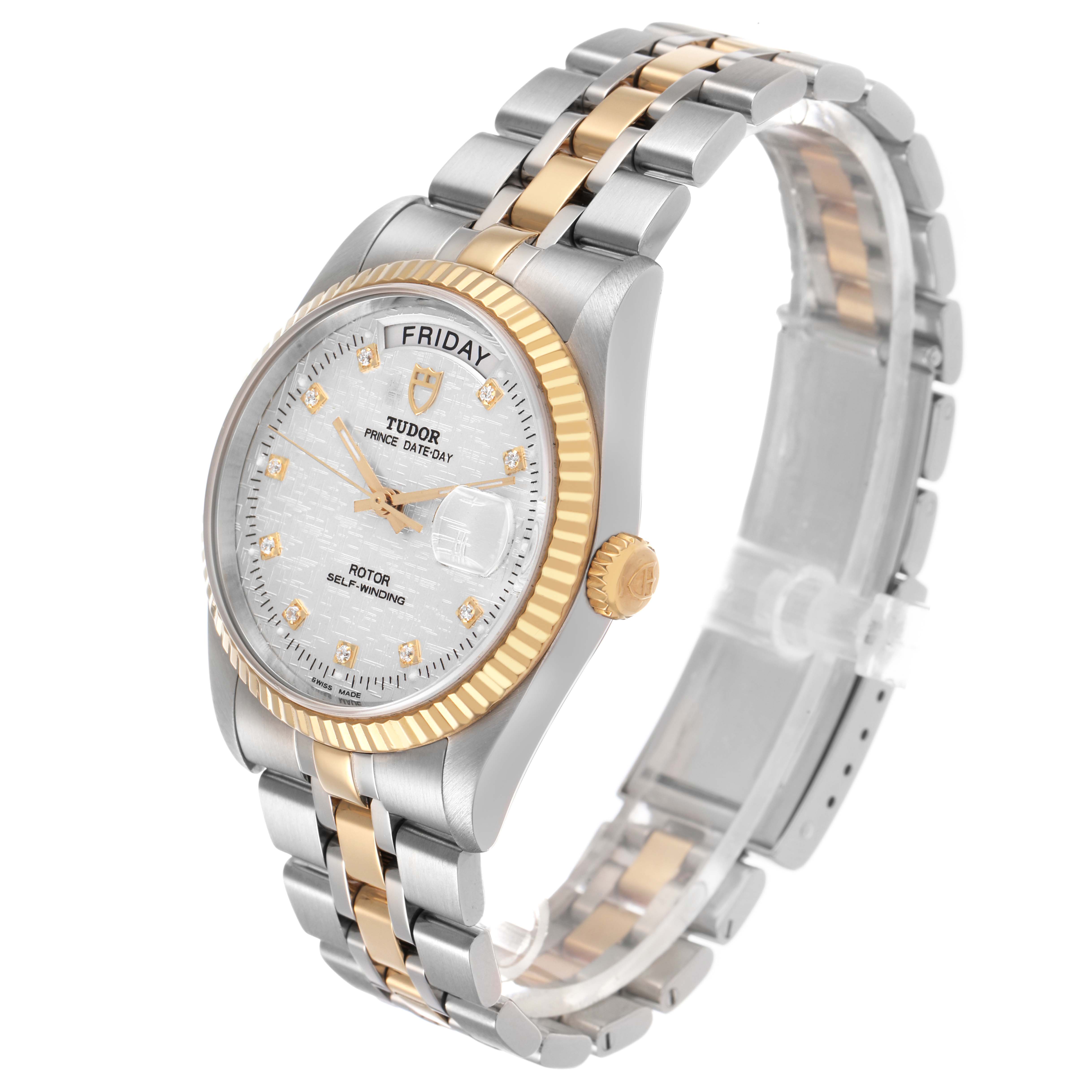 The Tudor Prince 76213 Men's Steel and Gold (two tone) Silver Dial watch is shown at an angled view, highlighting the face, bezel, crown, and two-tone bracelet.