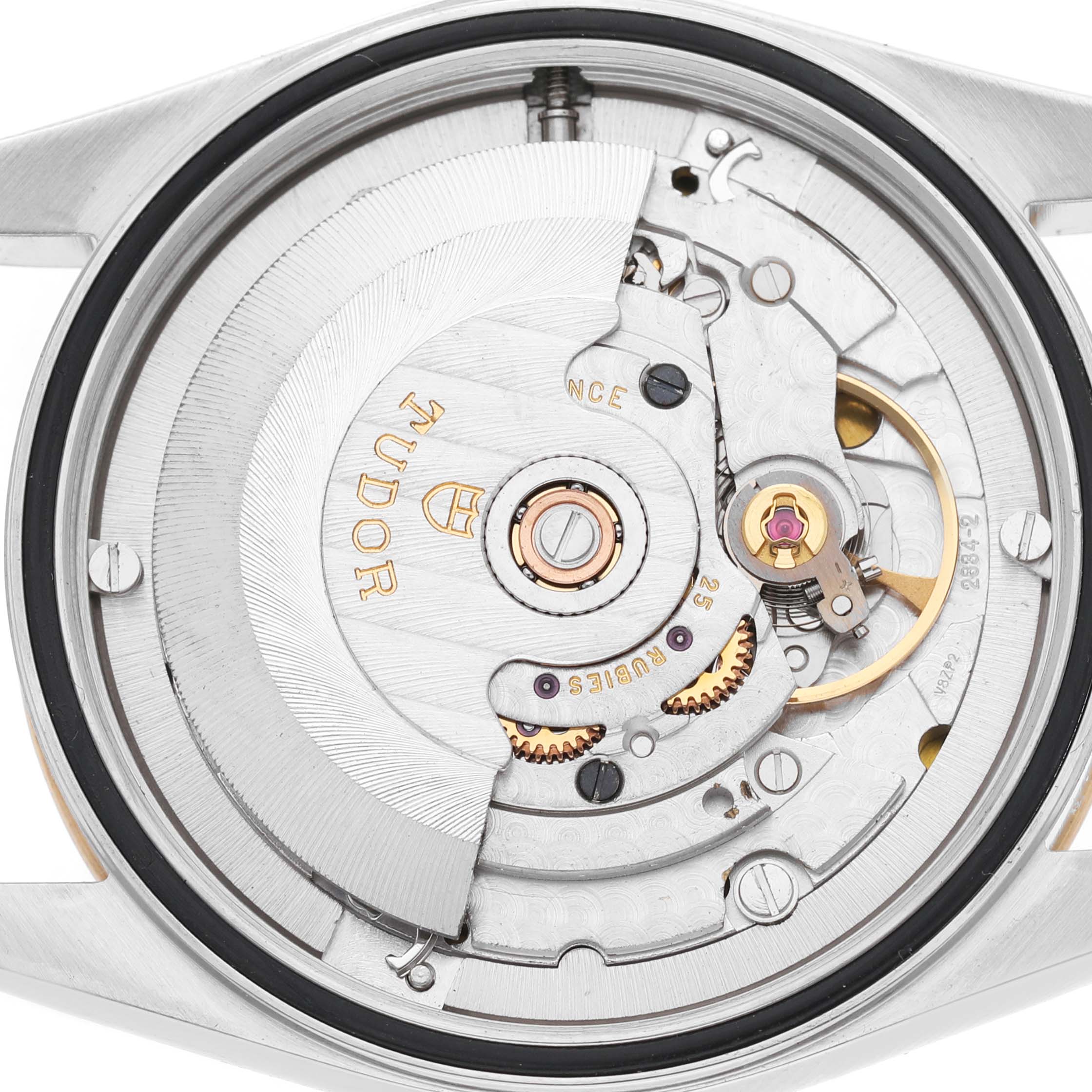 The image shows the back view of the Tudor Prince 76213 Men's Steel and Gold (two tone) Silver Dial watch, highlighting its automatic movement components.