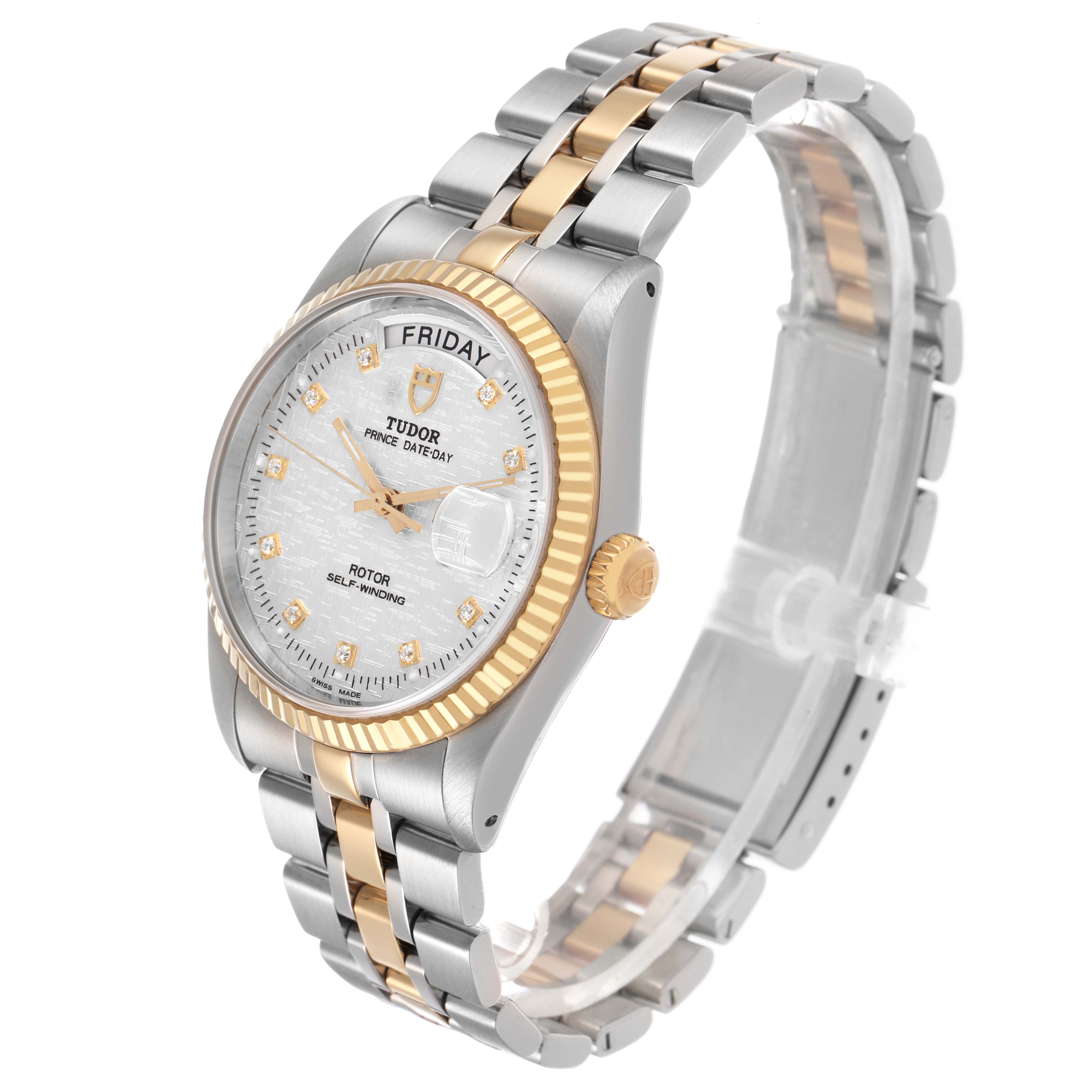 The Tudor Prince 76213 Men's Steel and Gold (two tone) Silver Dial watch is shown at a slight angle, highlighting the dial, bezel, crown, and part of the bracelet.