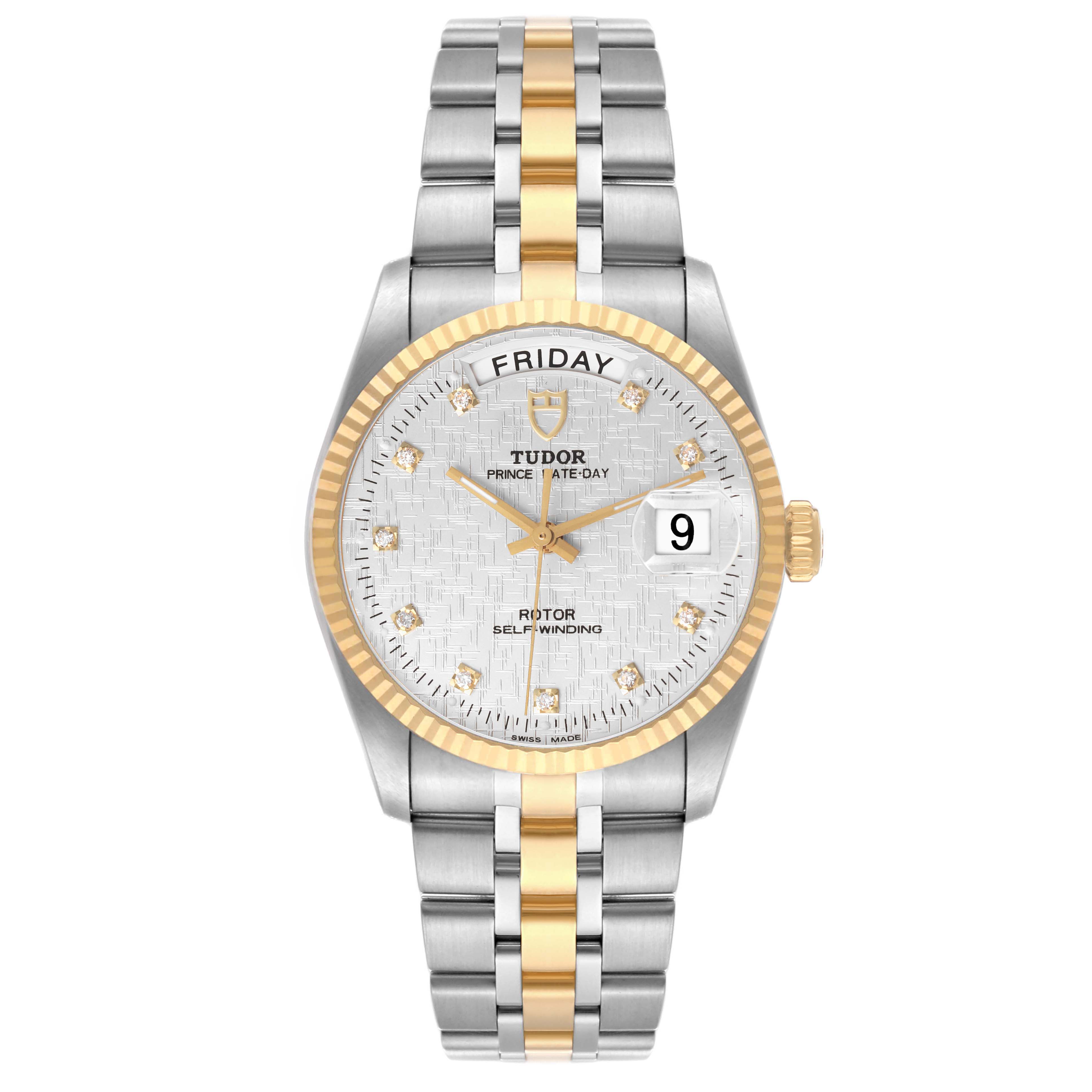The Tudor Prince 76213 Men's Steel and Gold (two tone) Silver Dial model watch is shown from the front, featuring its dial, bracelet, and crown.