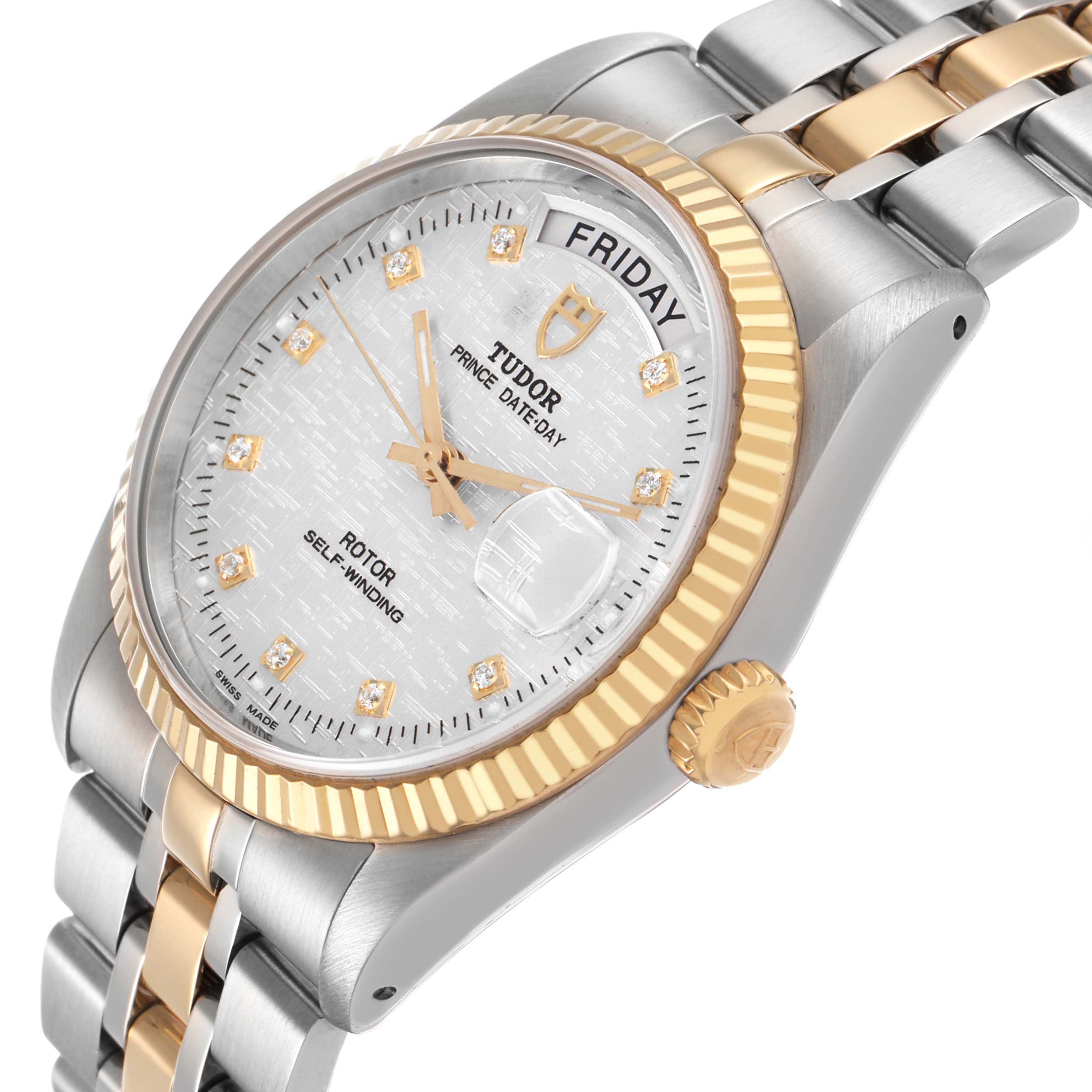 The Tudor Prince 76213 Men's Steel and Gold (two tone) Silver Dial watch is shown from a three-quarter angle, highlighting the dial, bezel, and part of the bracelet.
