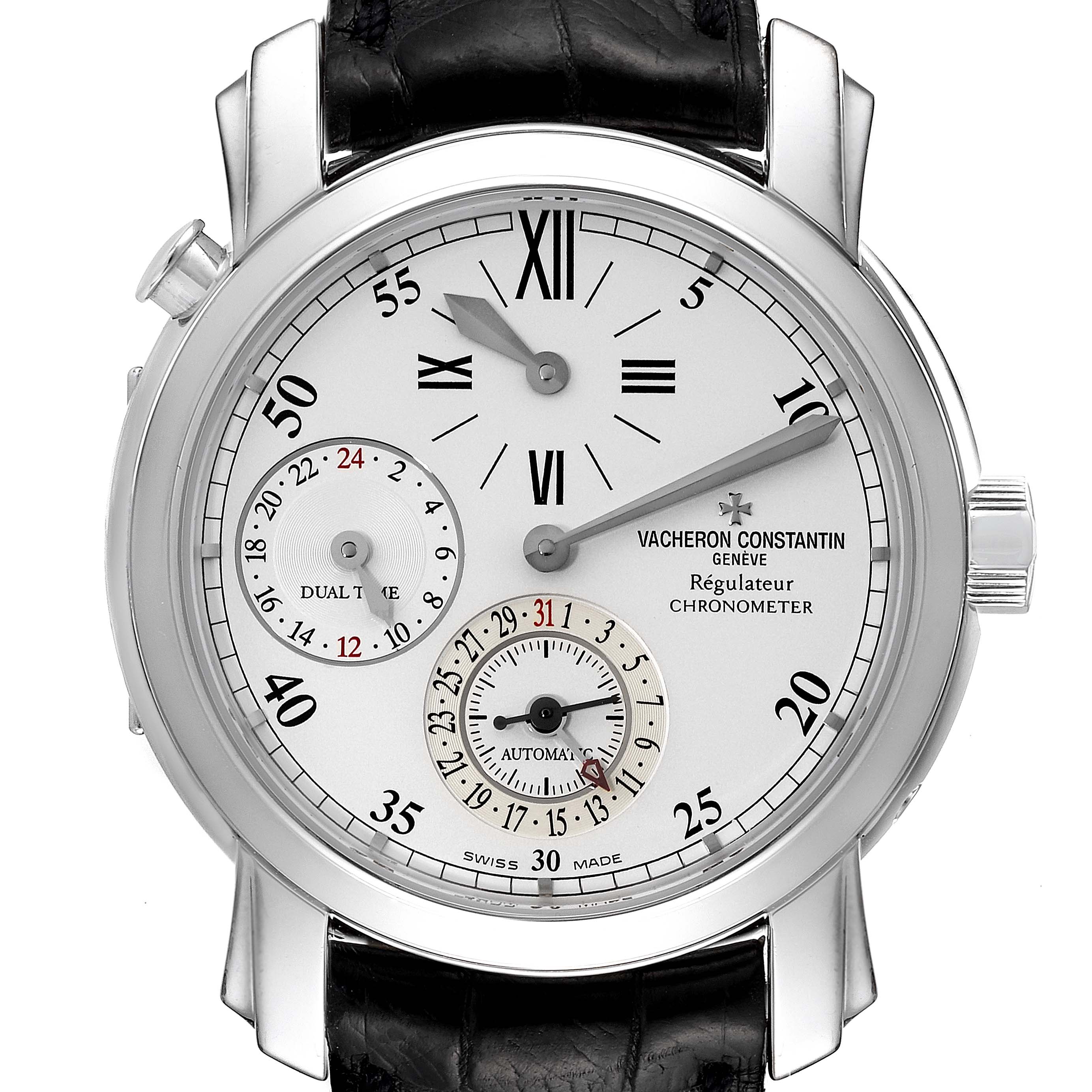The image shows a front view of the Vacheron Constantin Malte 42005/000G-8900 Men
s White Gold Silver Dial 42005/000G-8900 Men
s White Gold Silver Dial model, highlighting the dial, subdials, and part of the leather strap.