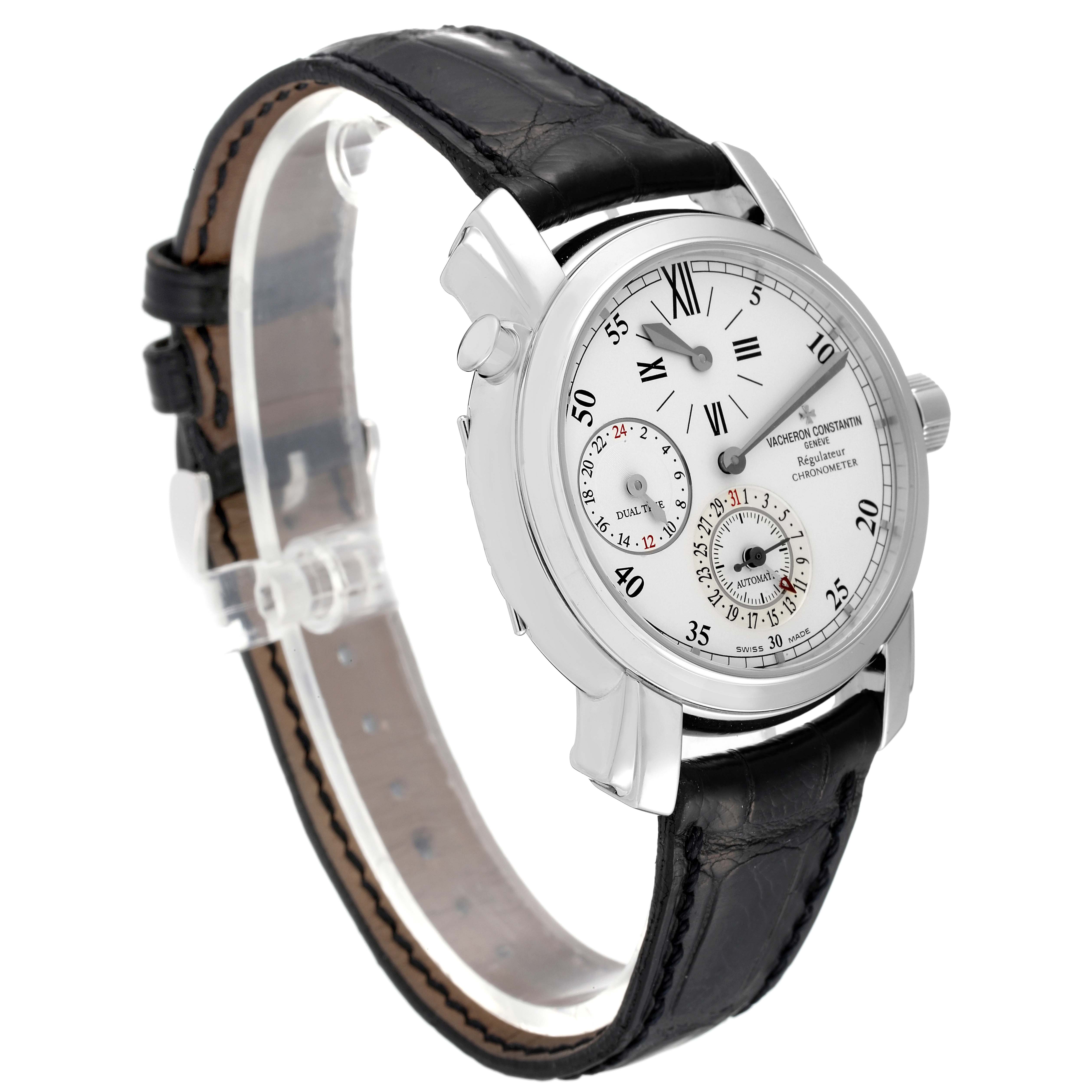 The image shows a Vacheron Constantin Malte 42005/000G-8900 Men
s White Gold Silver Dial 42005/000G-8900 Men
s White Gold Silver Dial model watch at a three-quarter angle, highlighting the dial, case, and black leather strap.