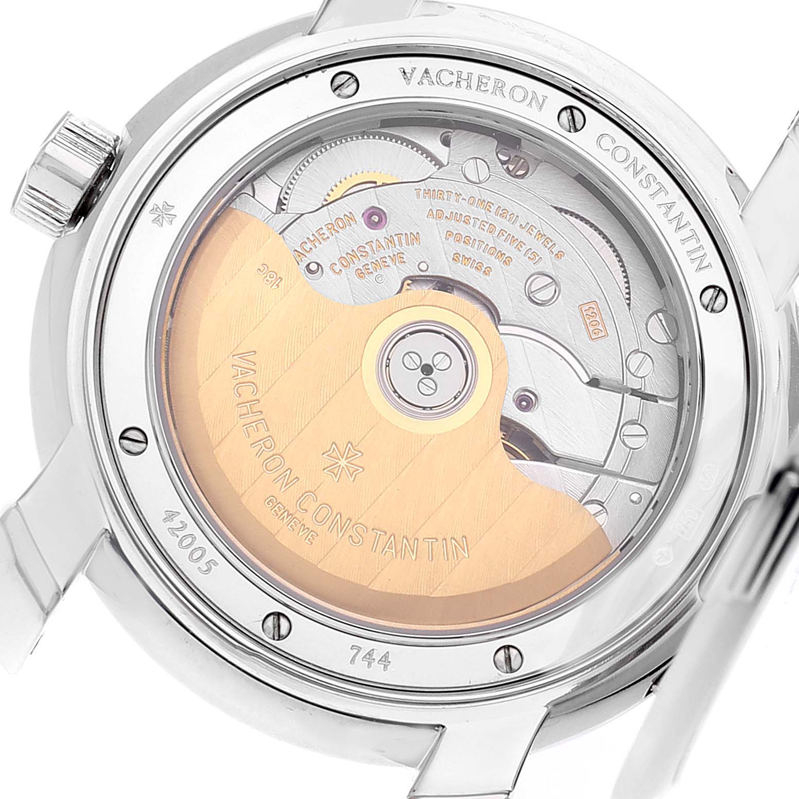 The image shows the back of a Vacheron Constantin Malte 42005/000G-8900 Men
s White Gold Silver Dial 42005/000G-8900 Men
s White Gold Silver Dial model watch with an exposed movement.